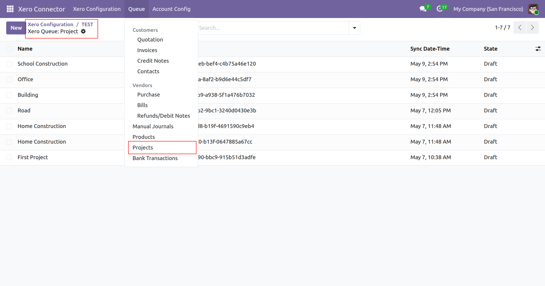 Xero Queue Project menu in Odoo
