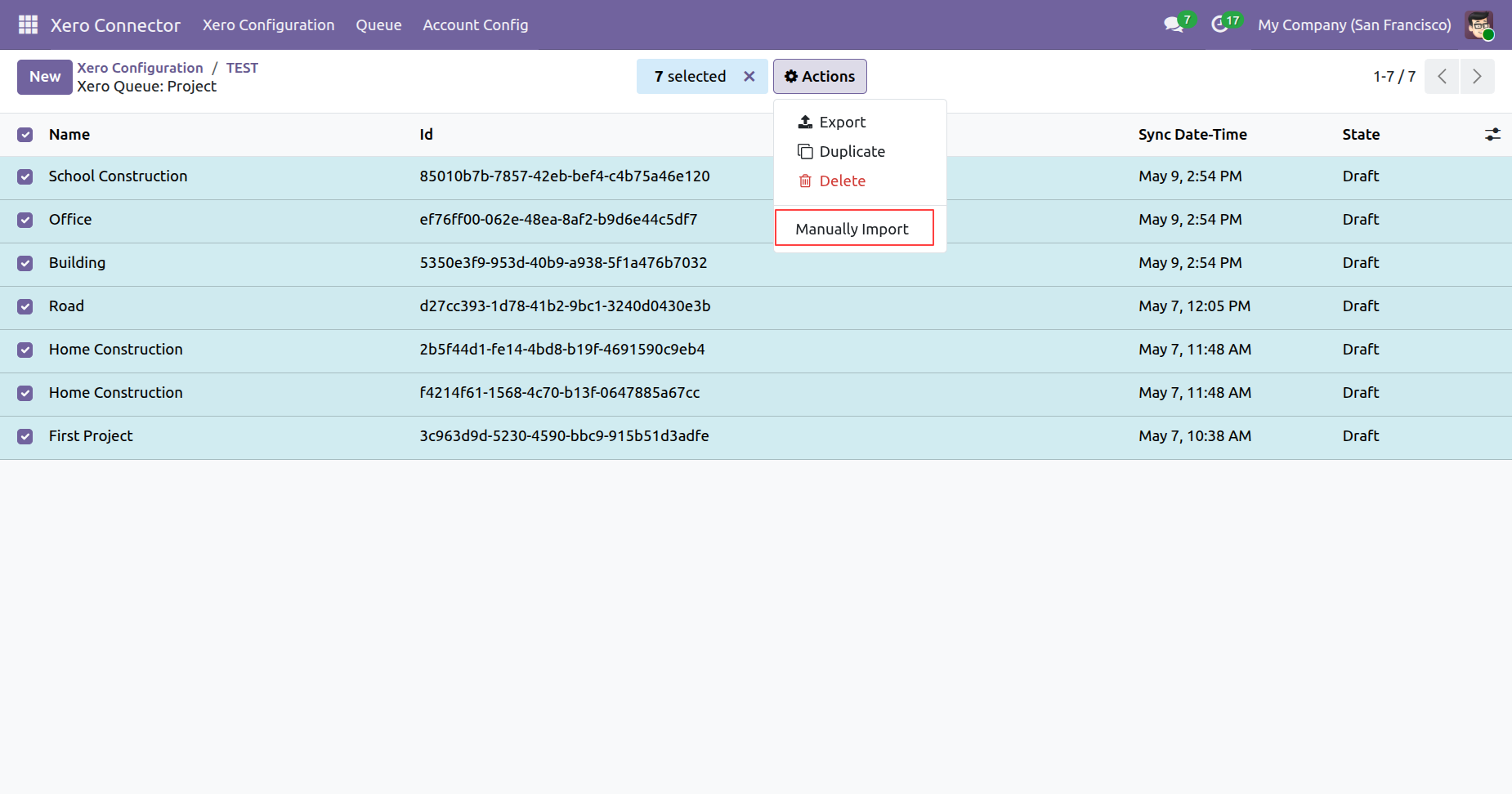 Manually Import action for project queue in Odoo