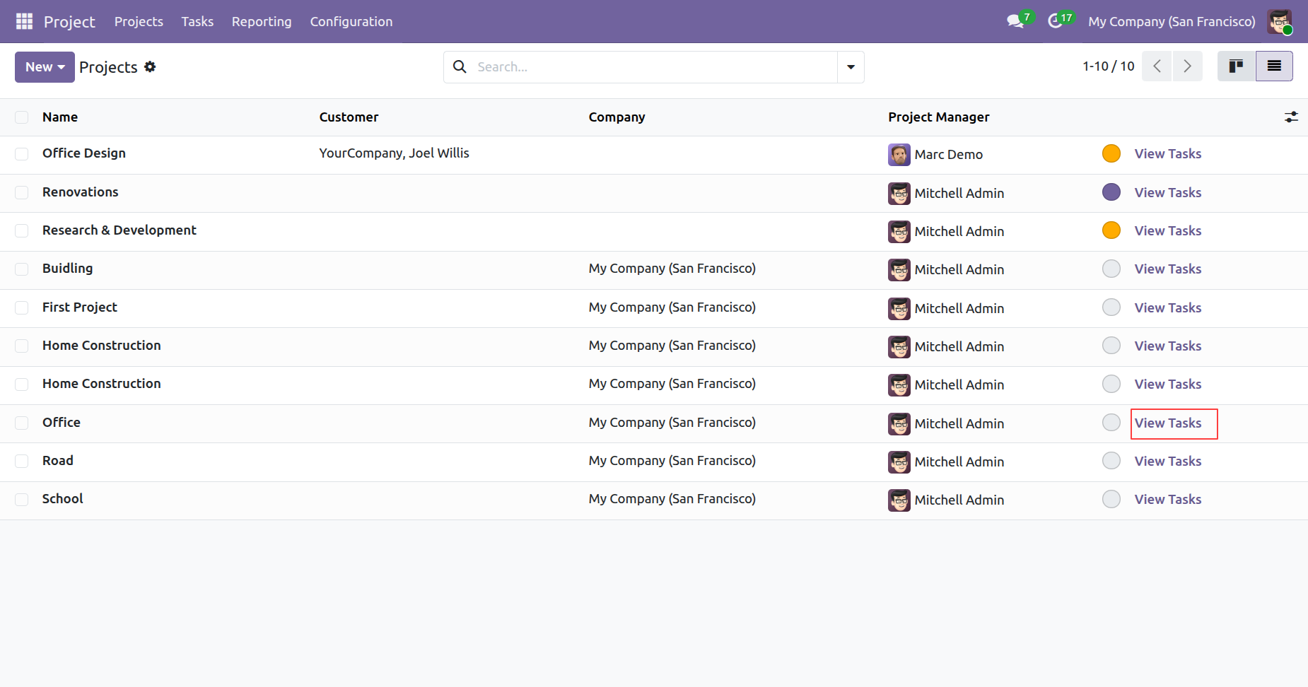 Navigate to tasks from projects list in Odoo