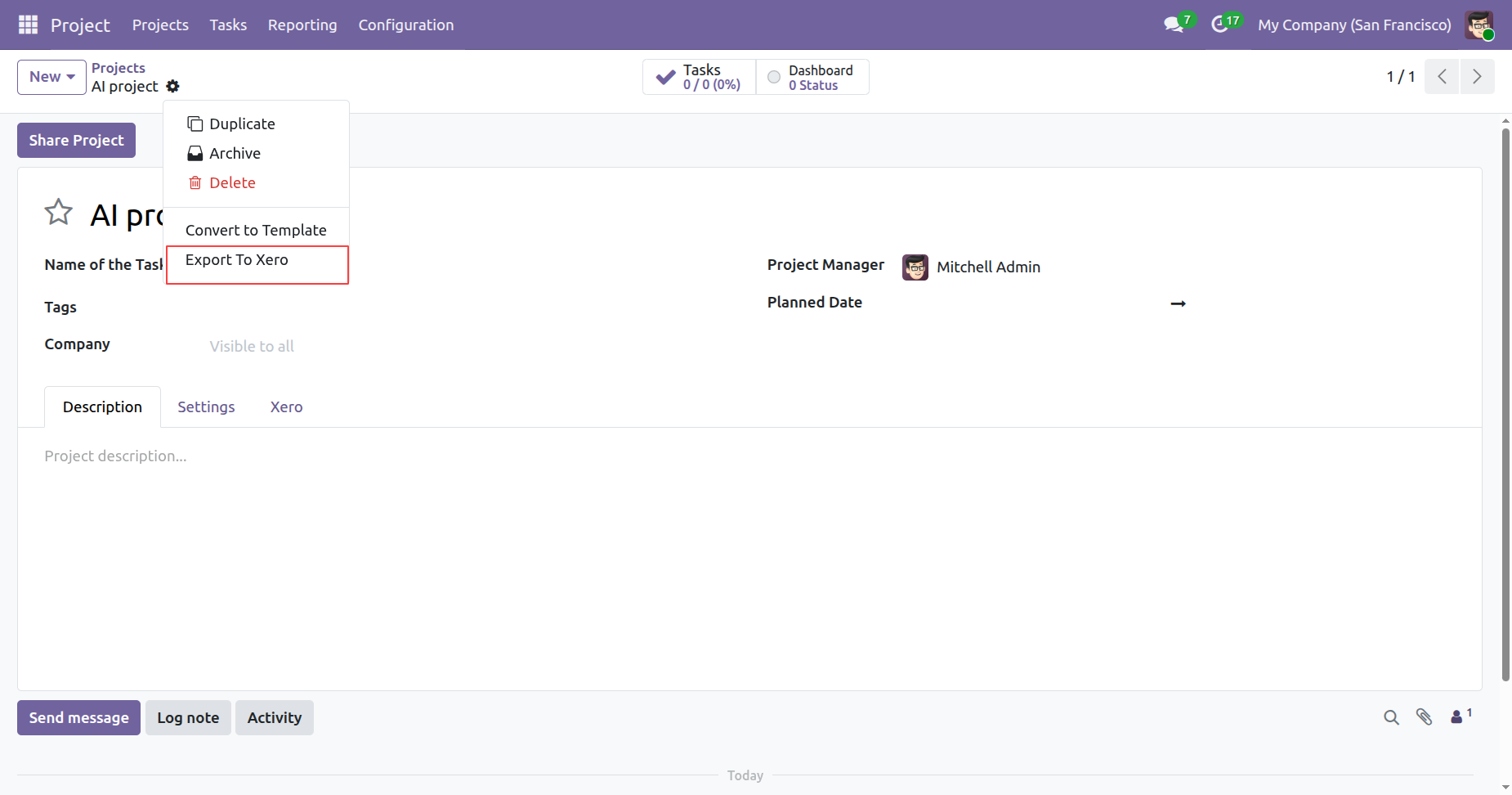 Export To Xero option in project form view