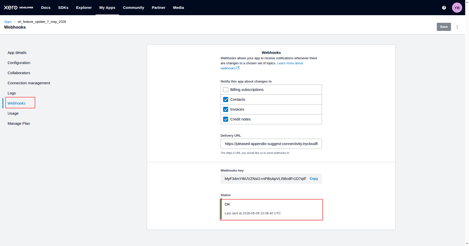 Webhook settings and key in Xero Developer app