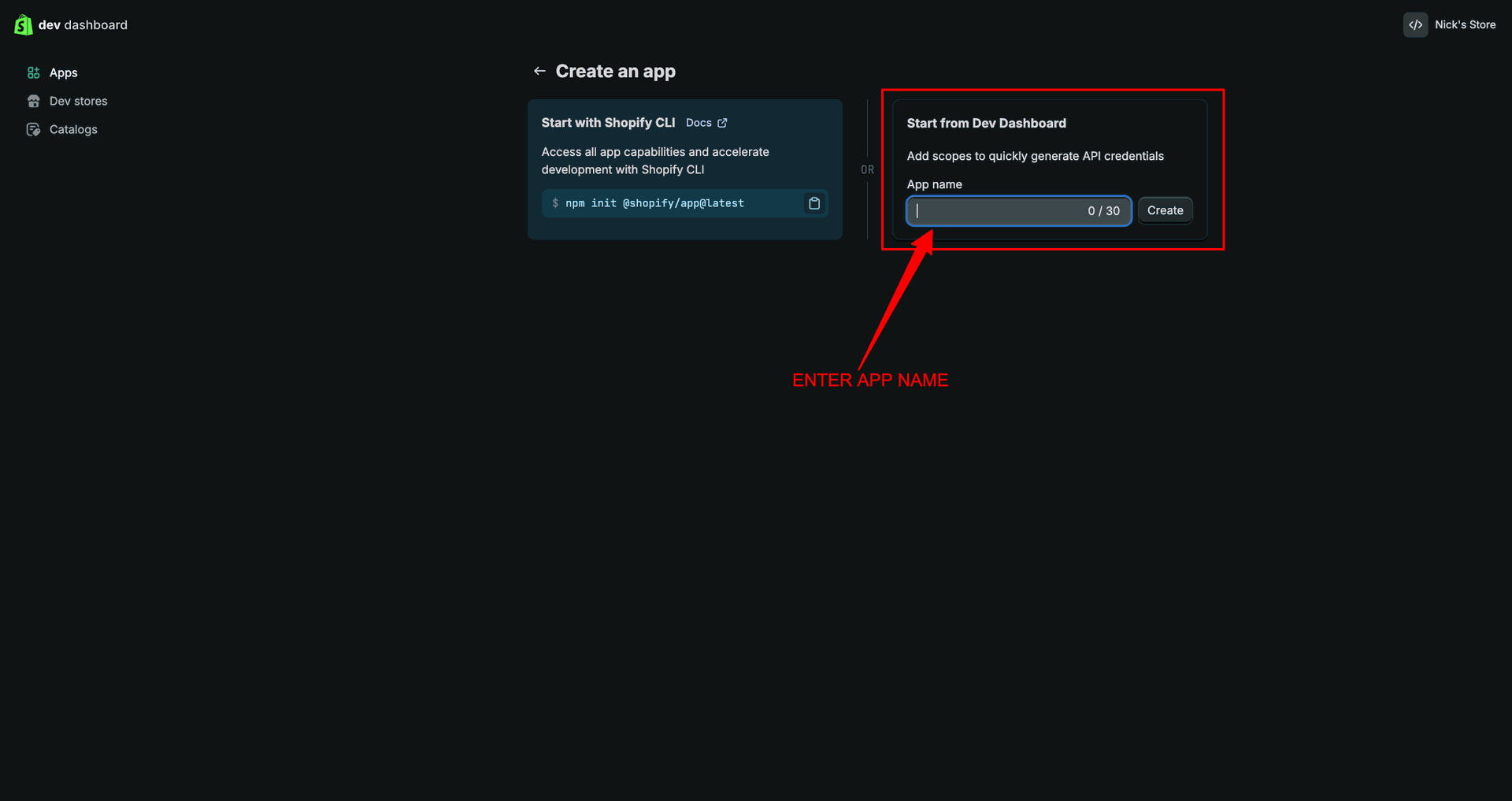 Shopify Credential interface screenshot