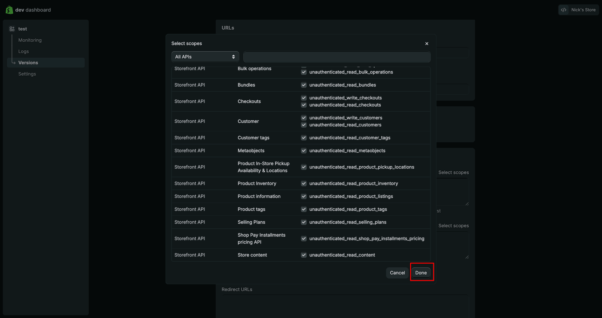 Shopify Credential interface screenshot