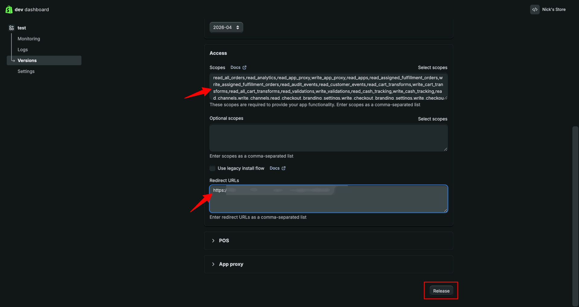 Shopify Credential interface screenshot