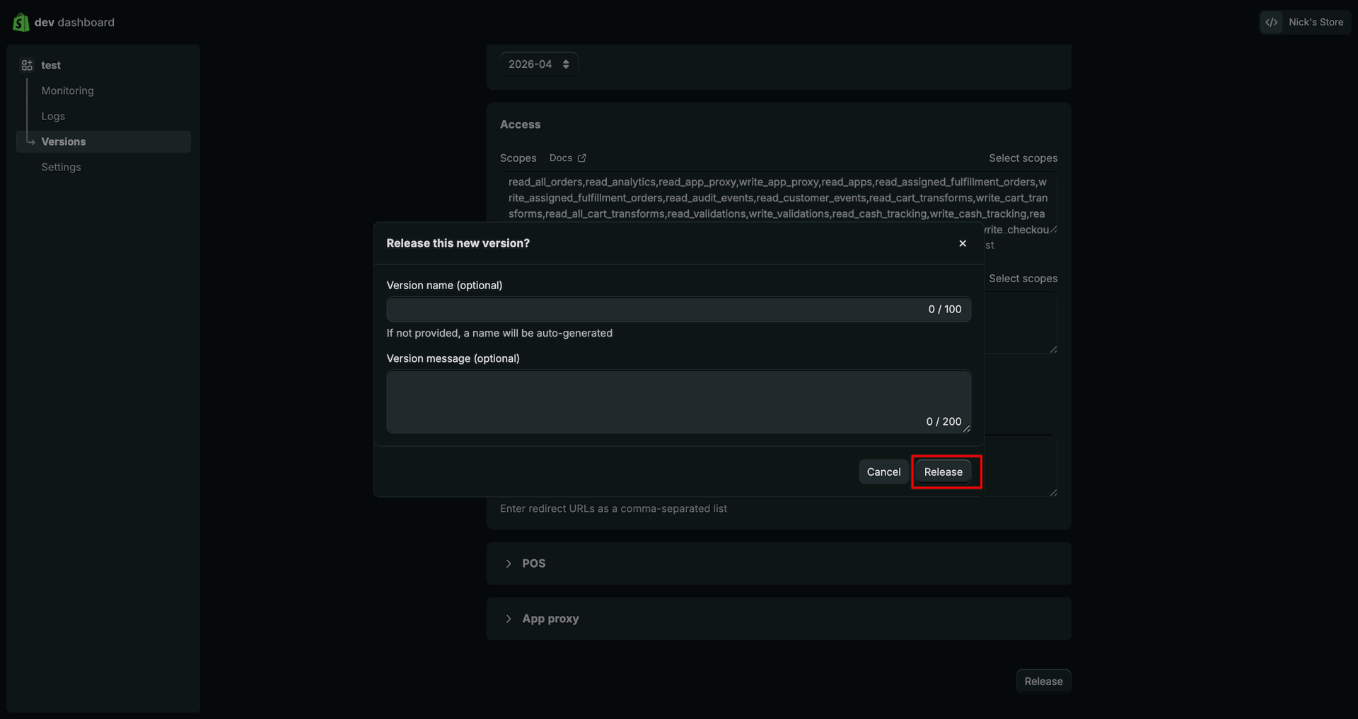 Shopify Credential interface screenshot
