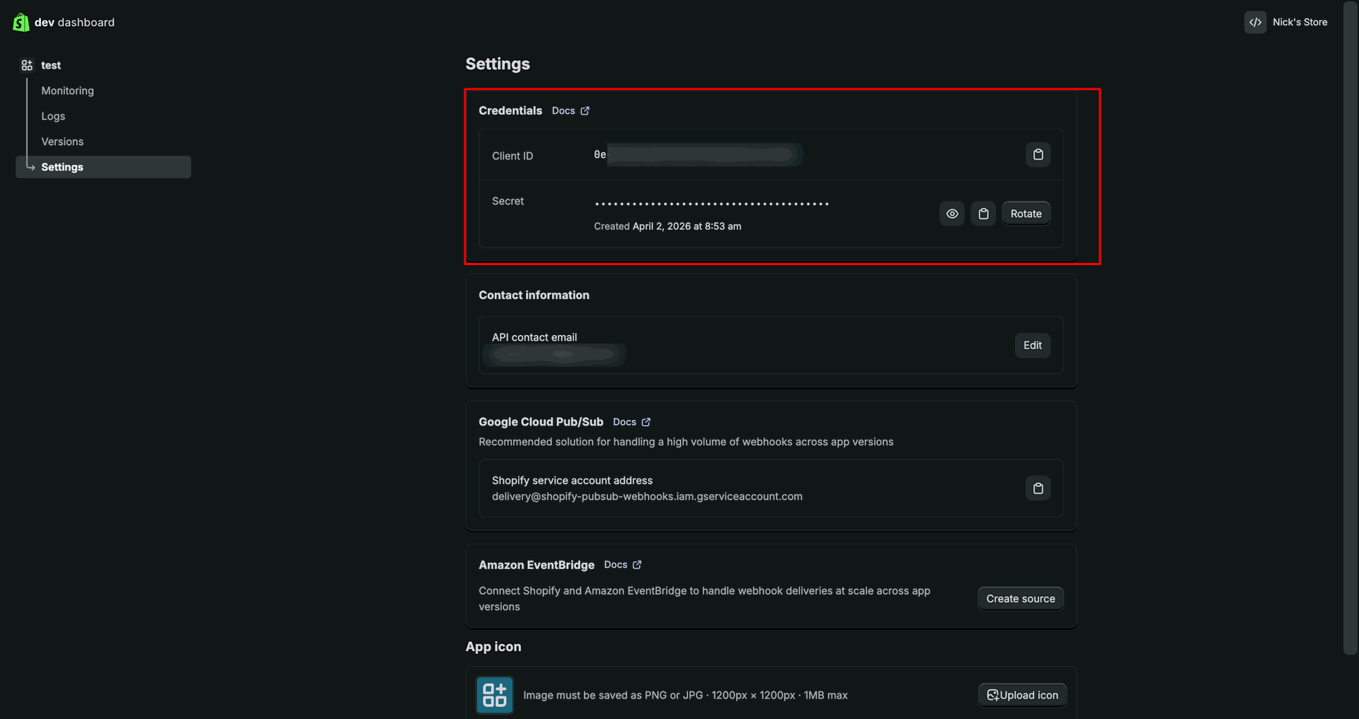 Shopify Credential interface screenshot