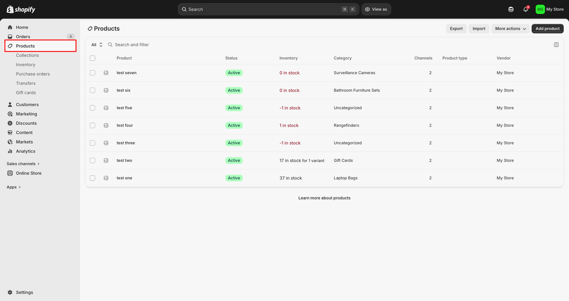 Import Products interface screenshot