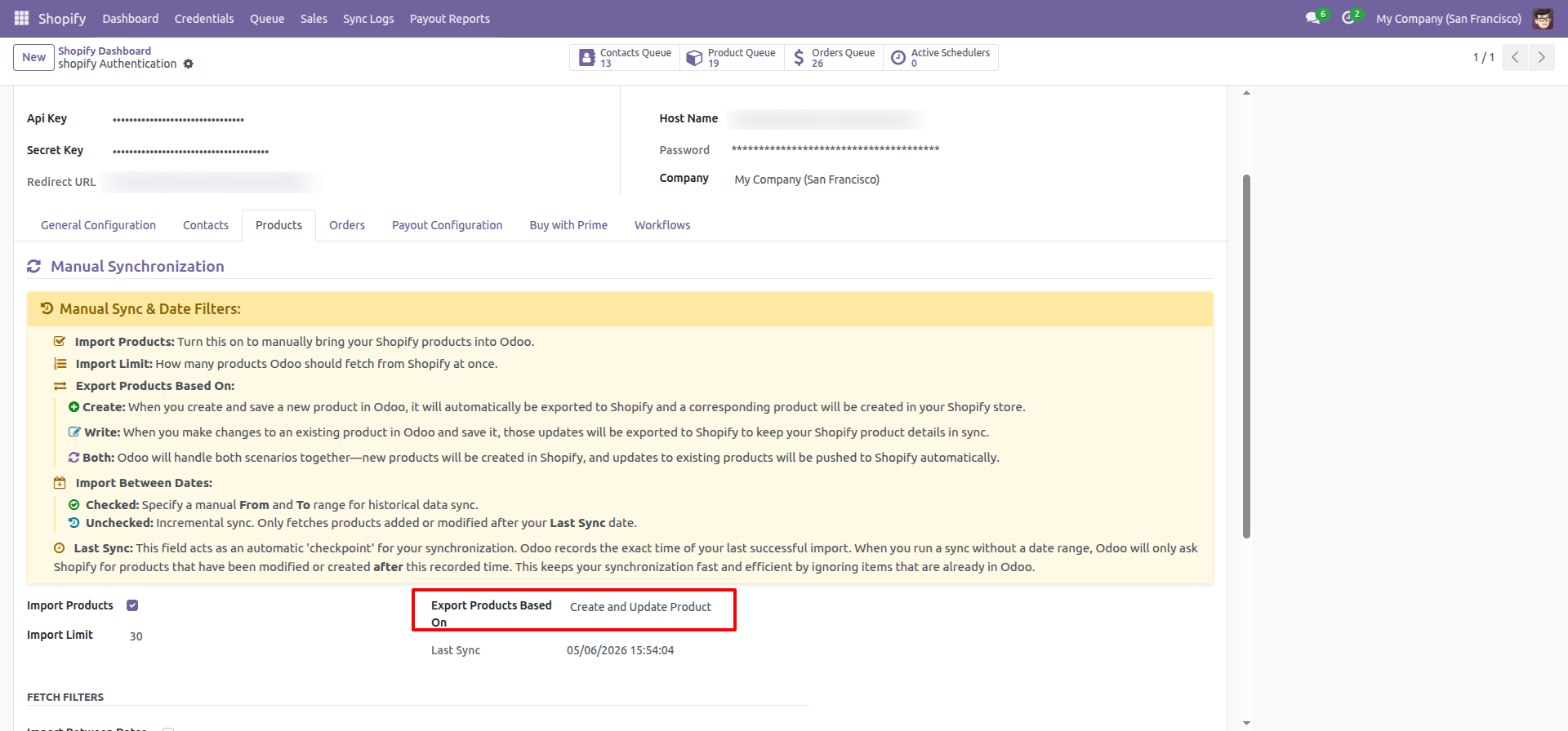 Export Products interface screenshot