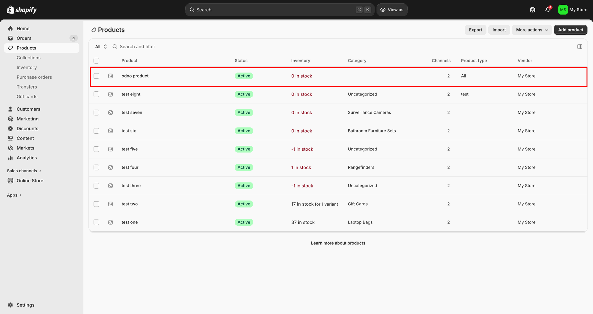 Export Products interface screenshot
