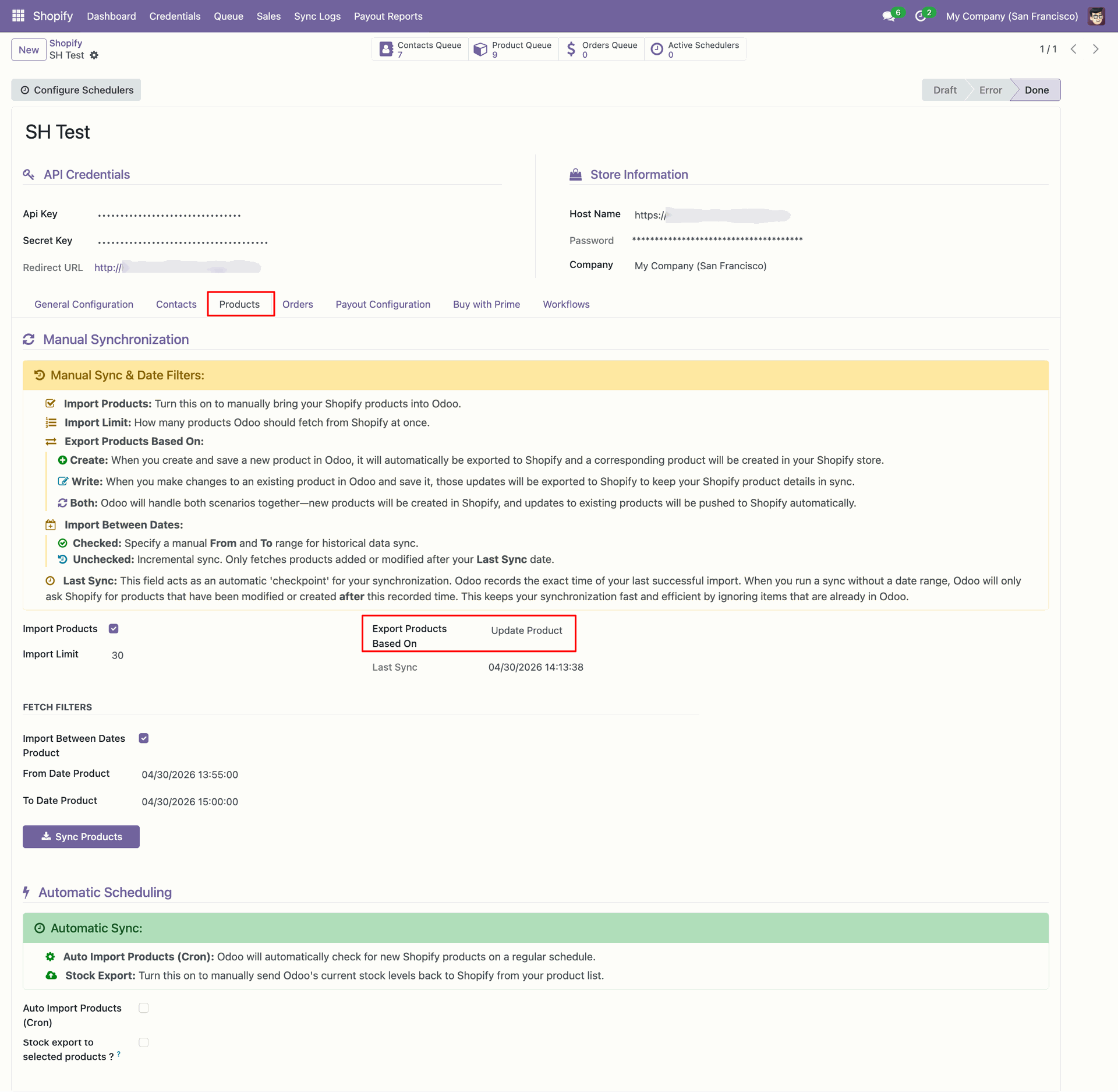Export Products interface screenshot