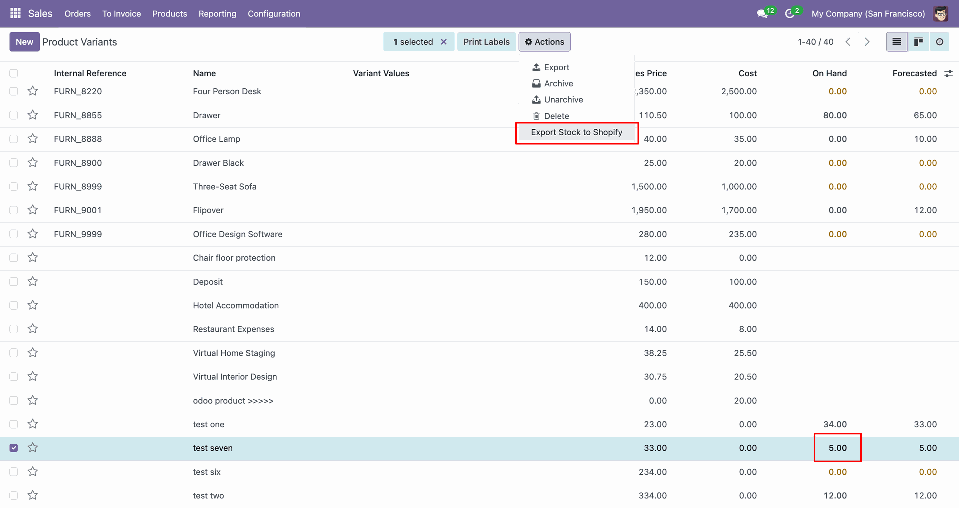 Export Product Stock interface screenshot