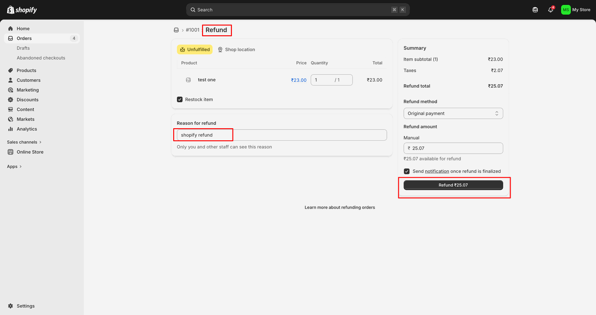 Import Refund Orders interface screenshot