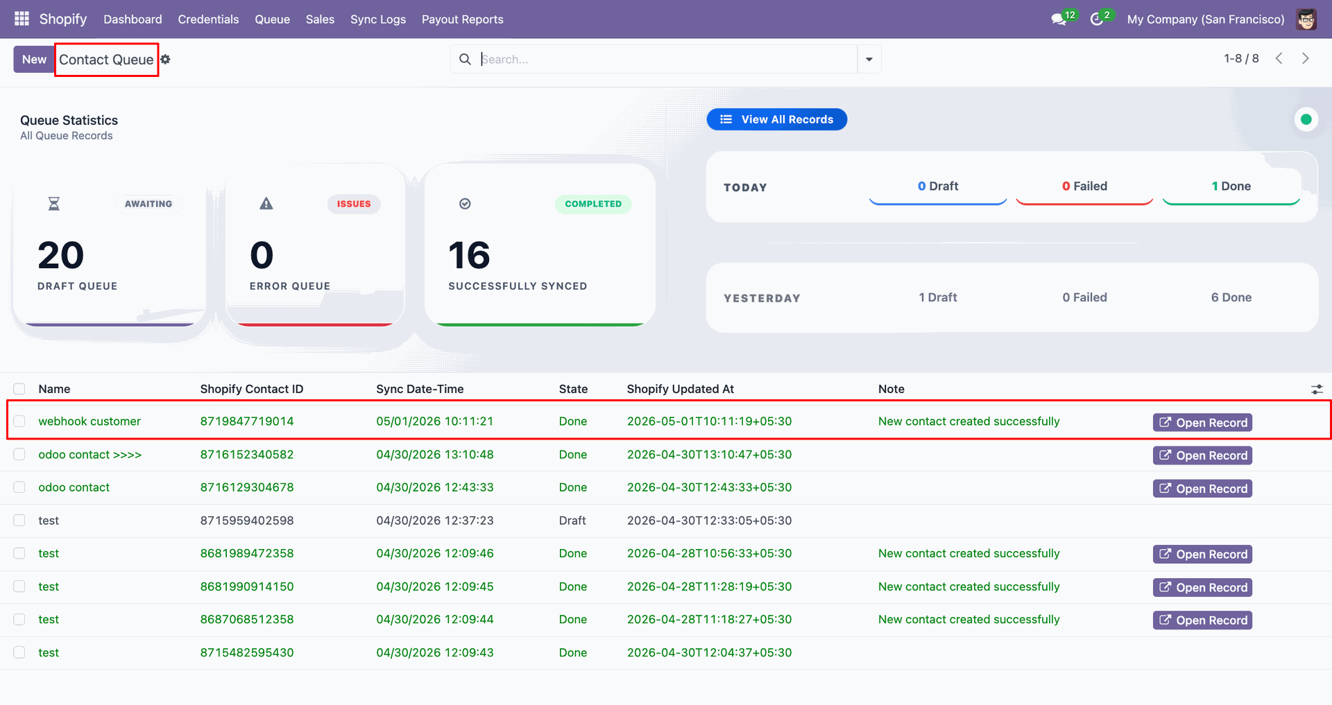 Contacts Create/Update using Webhook interface screenshot