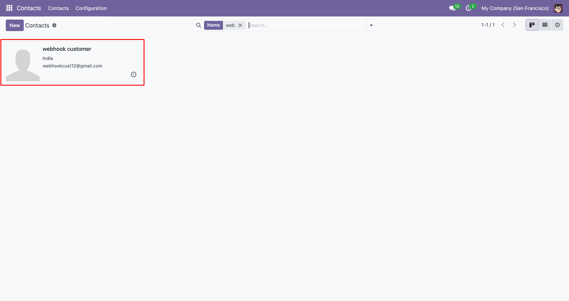 Contacts Create/Update using Webhook interface screenshot