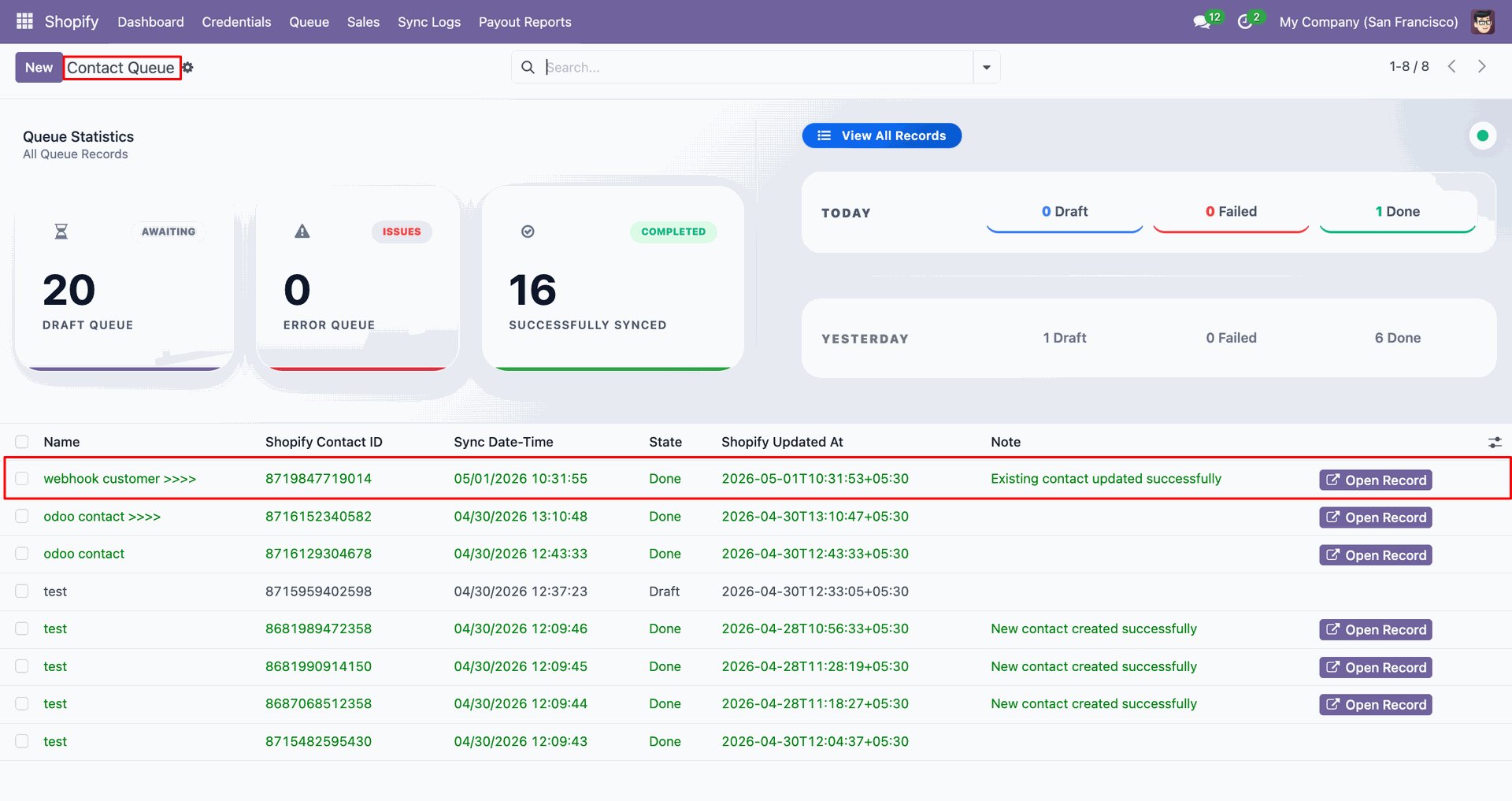 Contacts Create/Update using Webhook interface screenshot