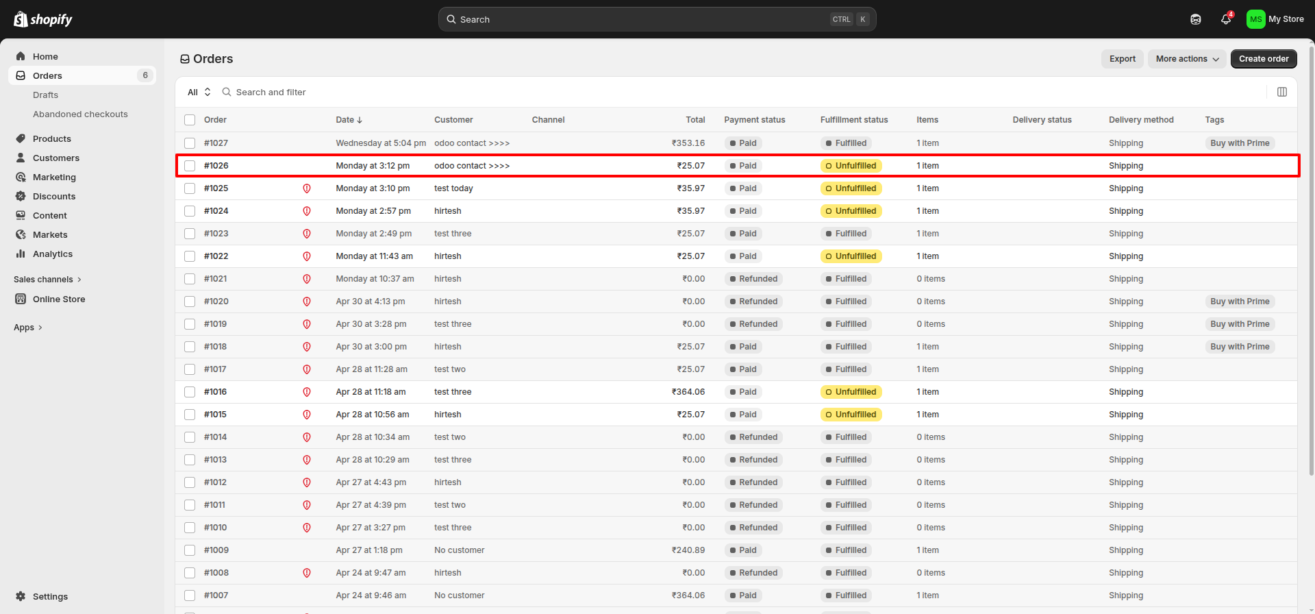 Order Fulfillment status interface screenshot