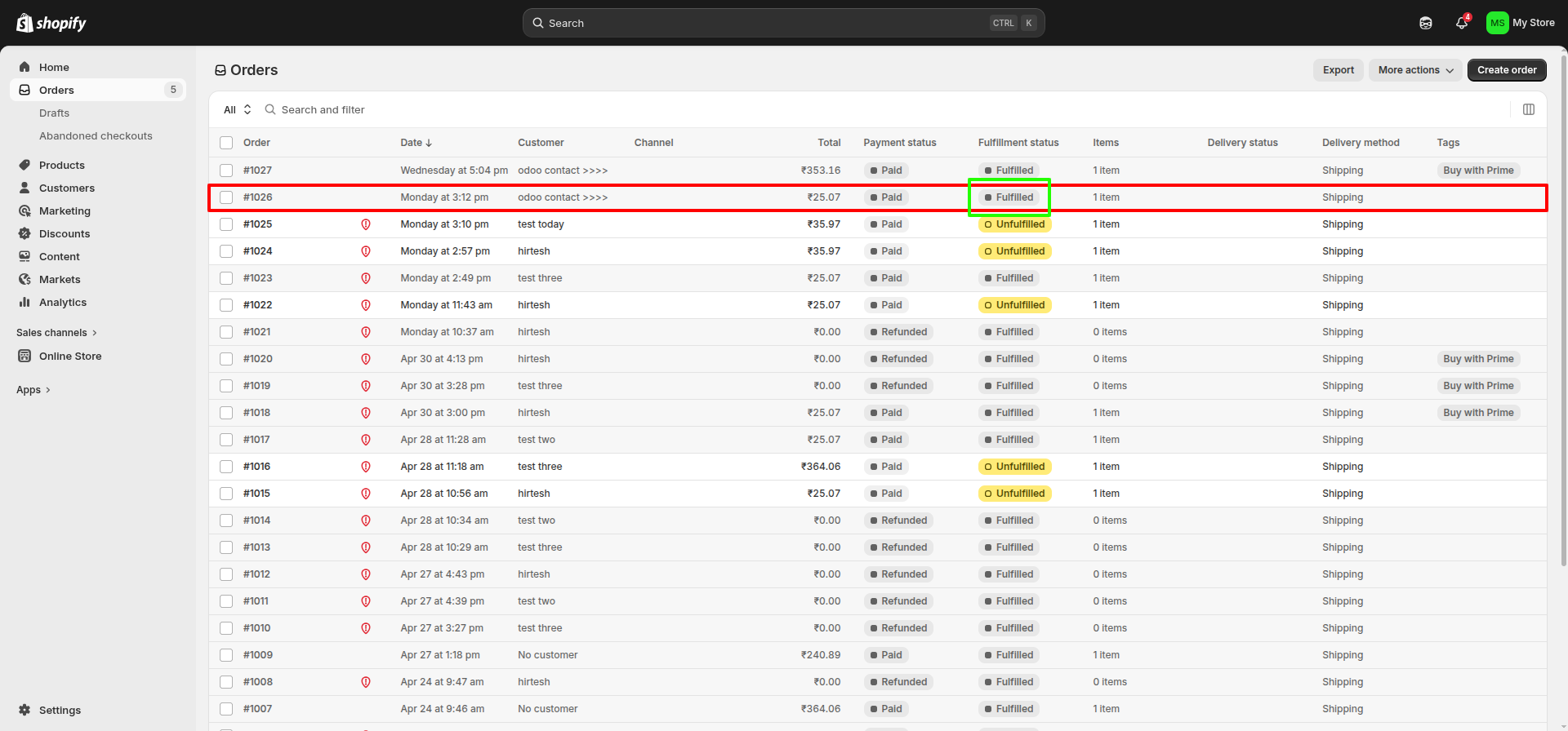Order Fulfillment status interface screenshot