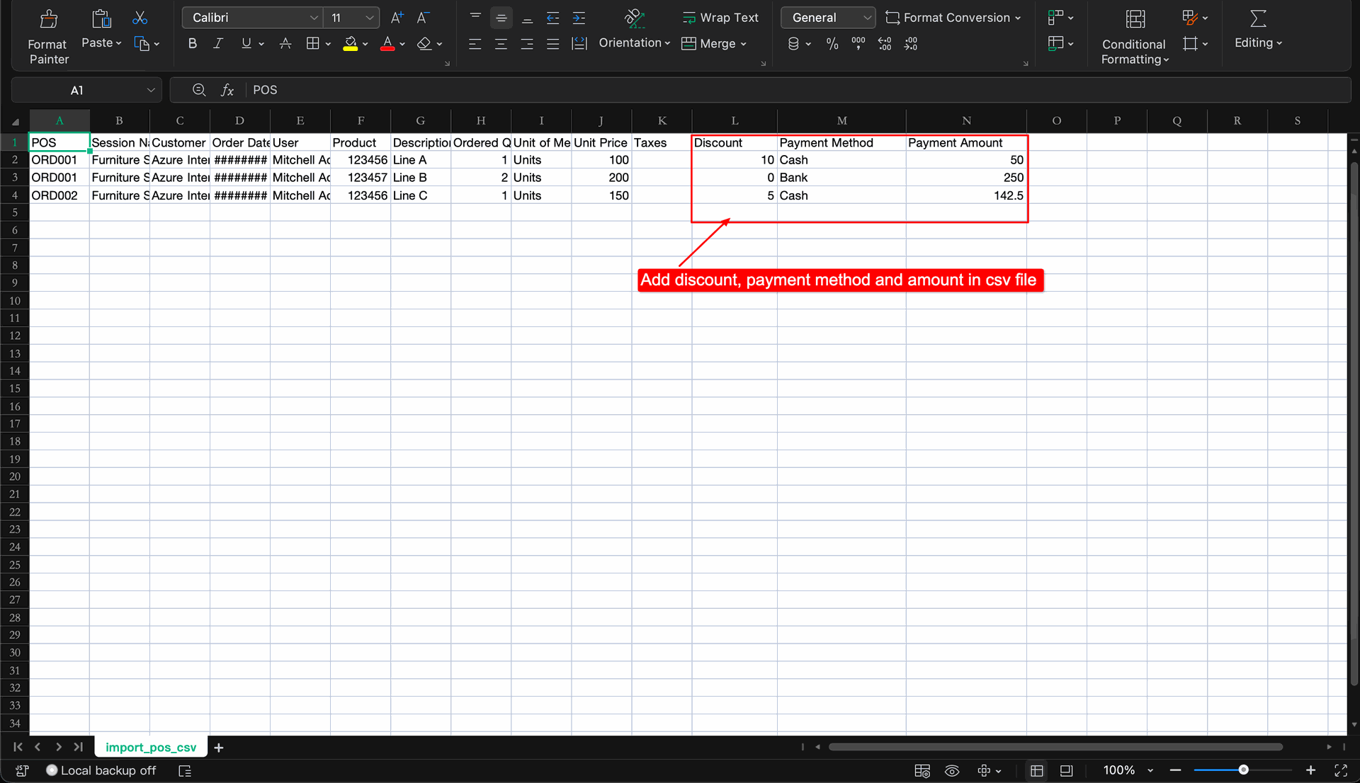 CSV file with discount and payment columns