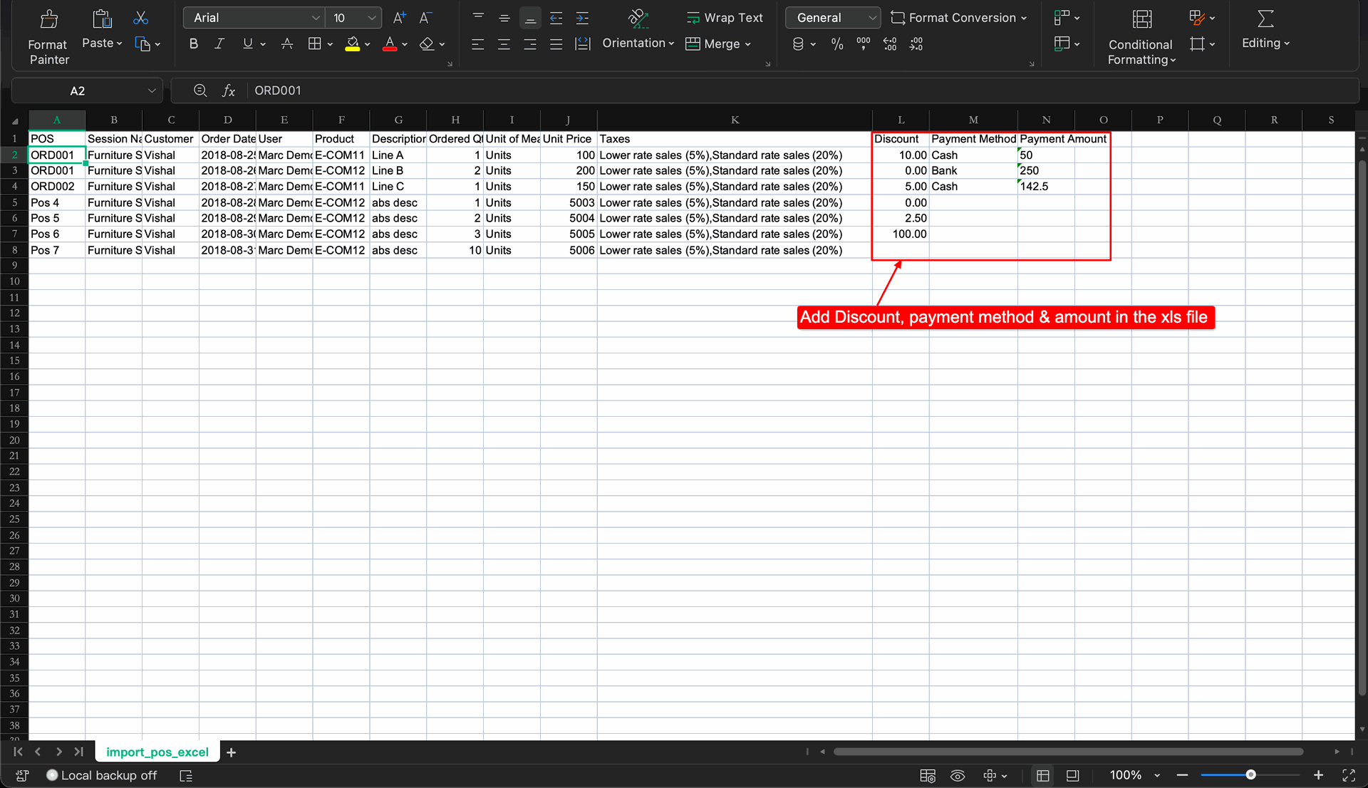 Excel file with discount and payment columns