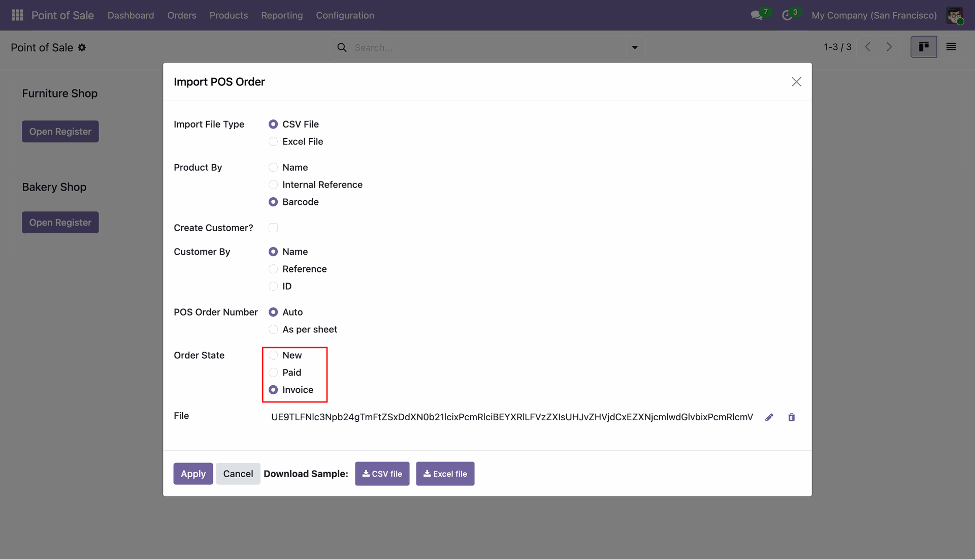 Import POS Order wizard with state selection