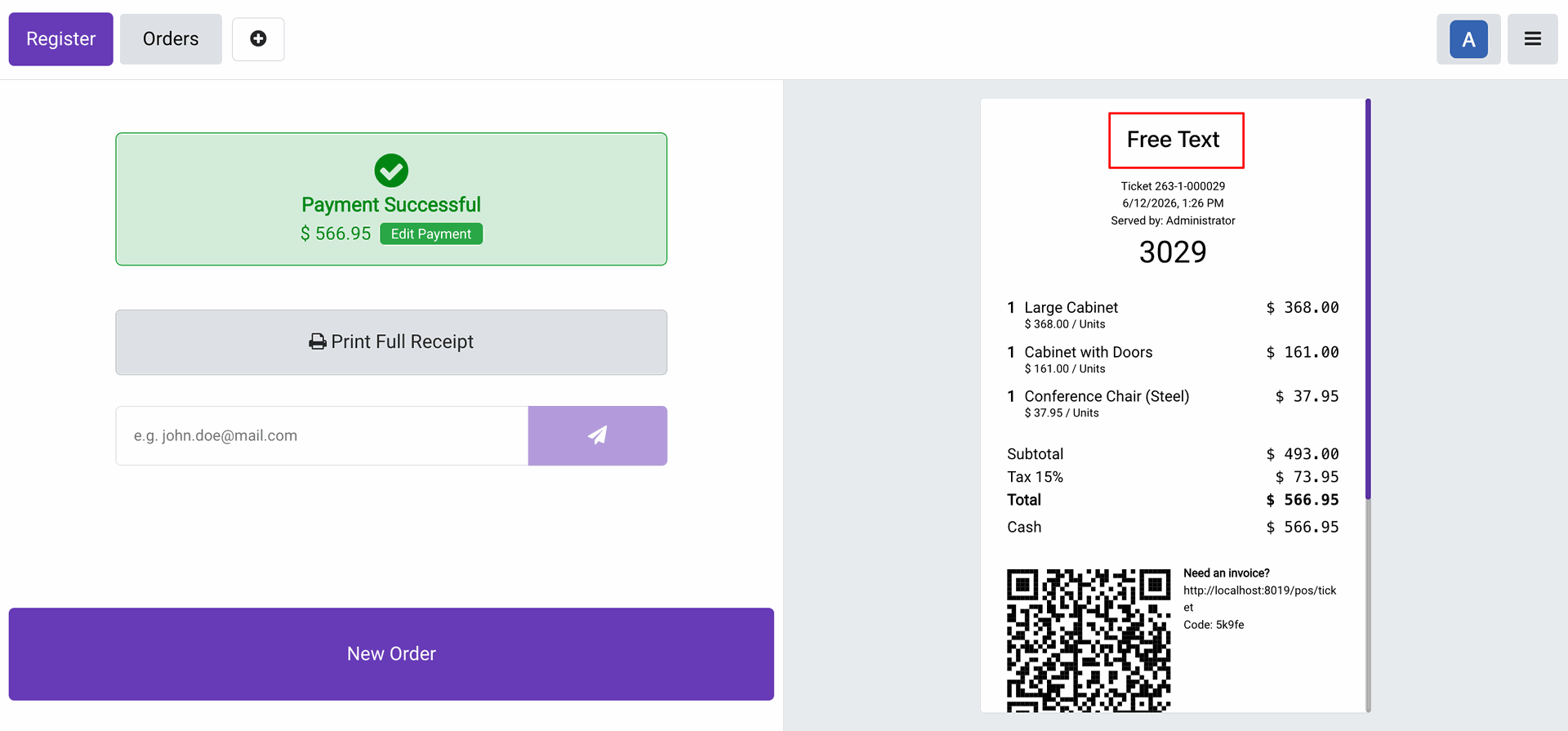 Free text shown on receipt 