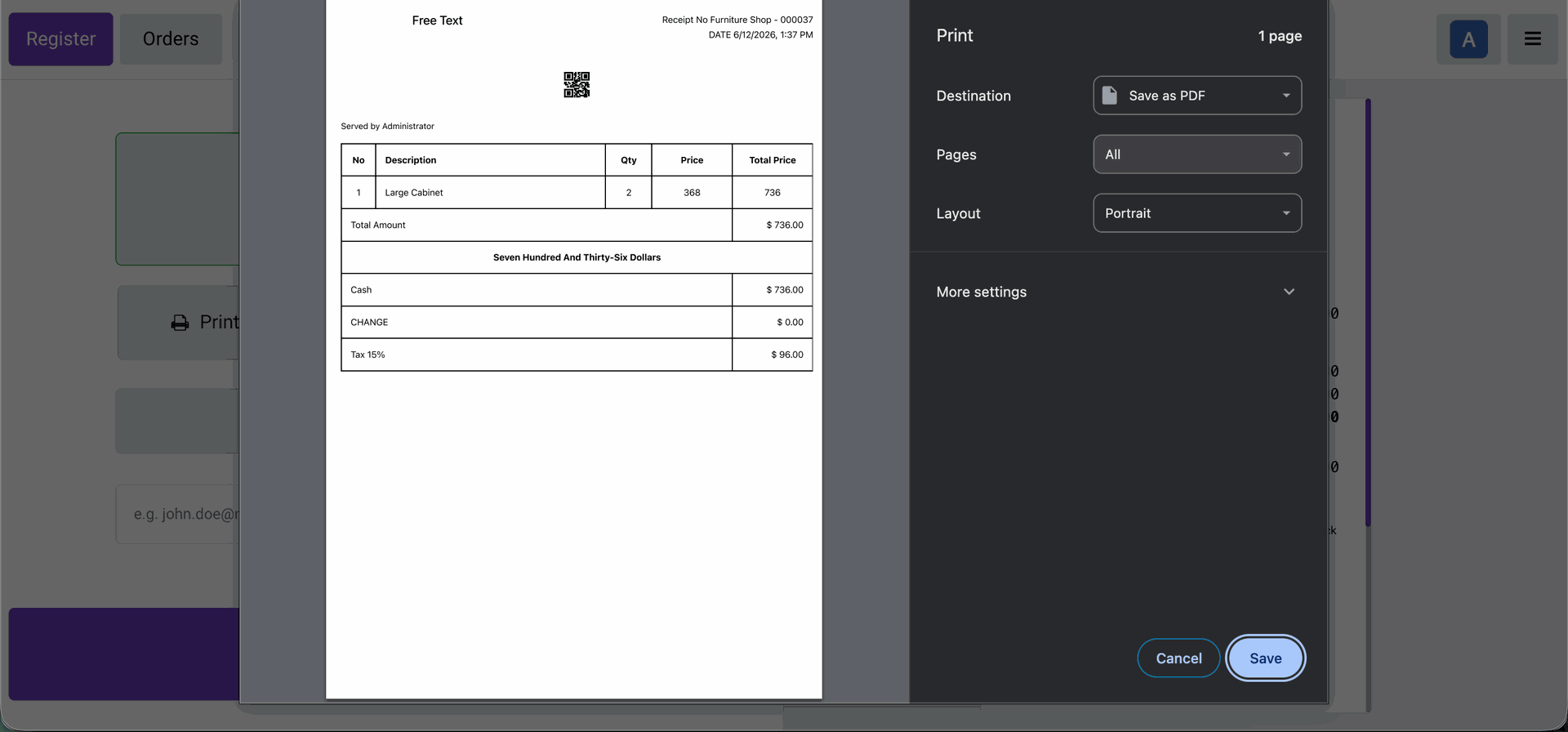 Receipt size is set to A4