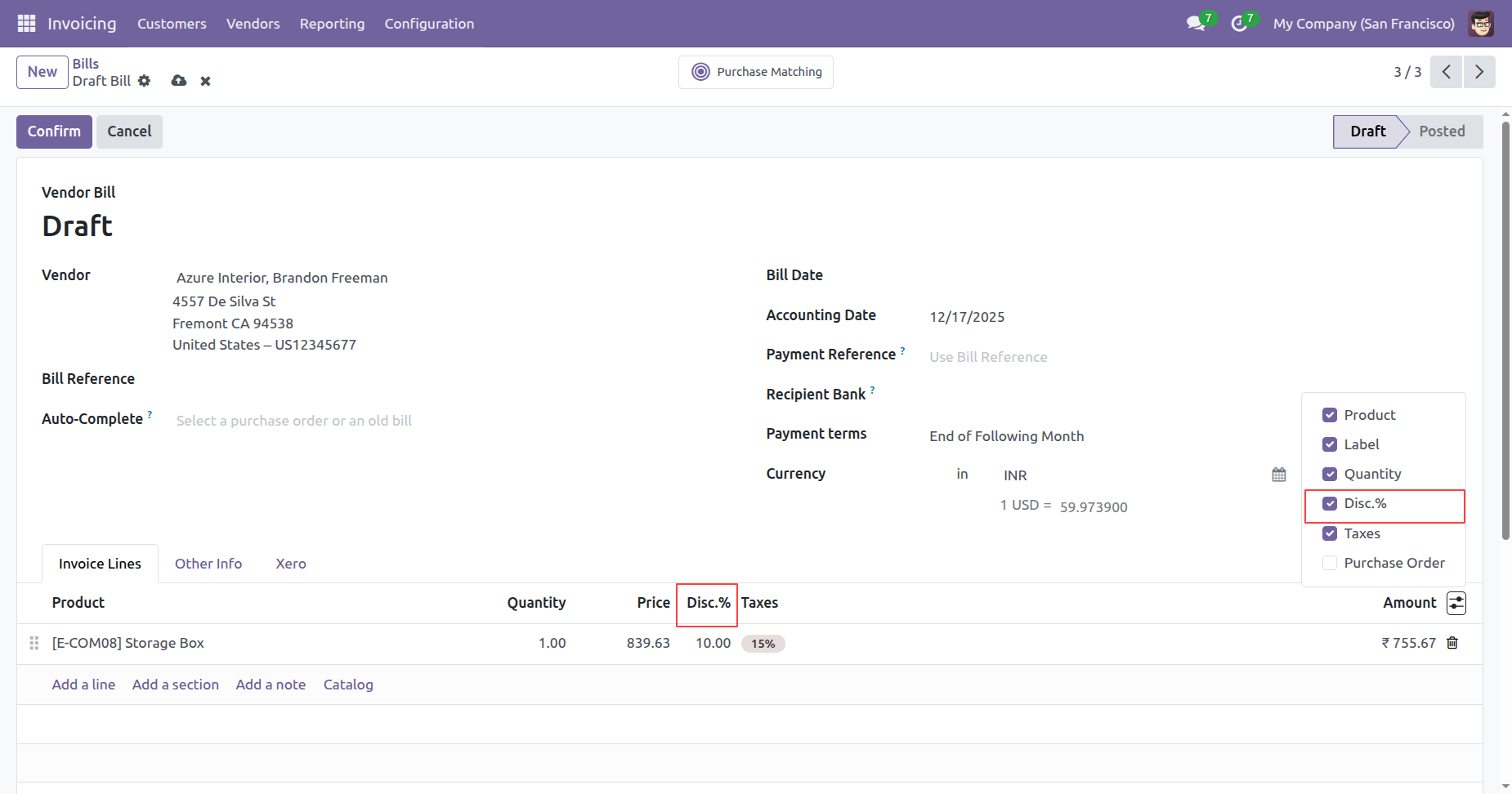 Vendor bill with discount percentage column in Odoo