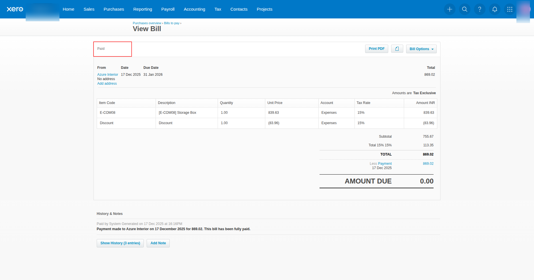 Paid bill status in Xero