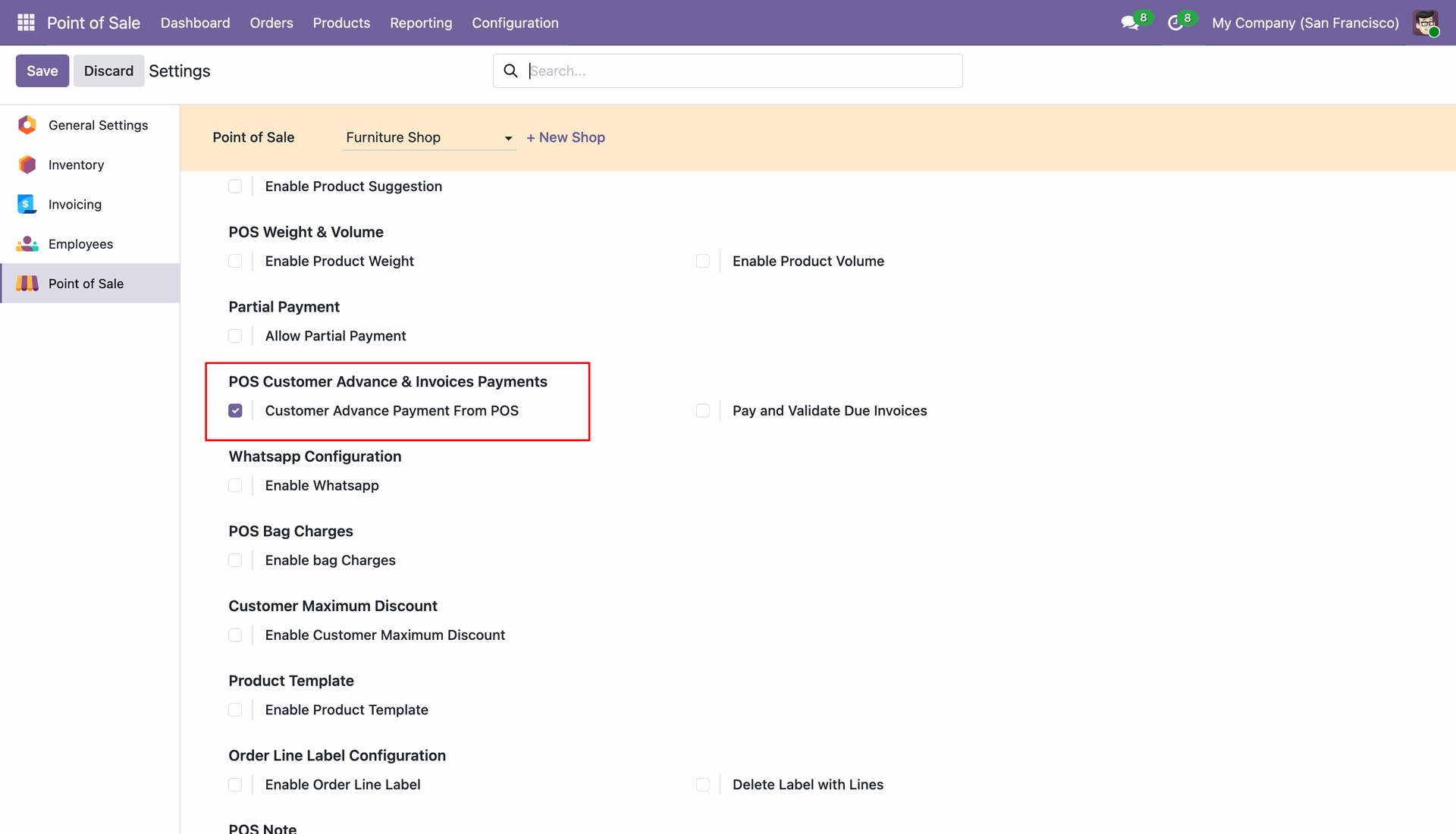 Enable customer advance payment setting