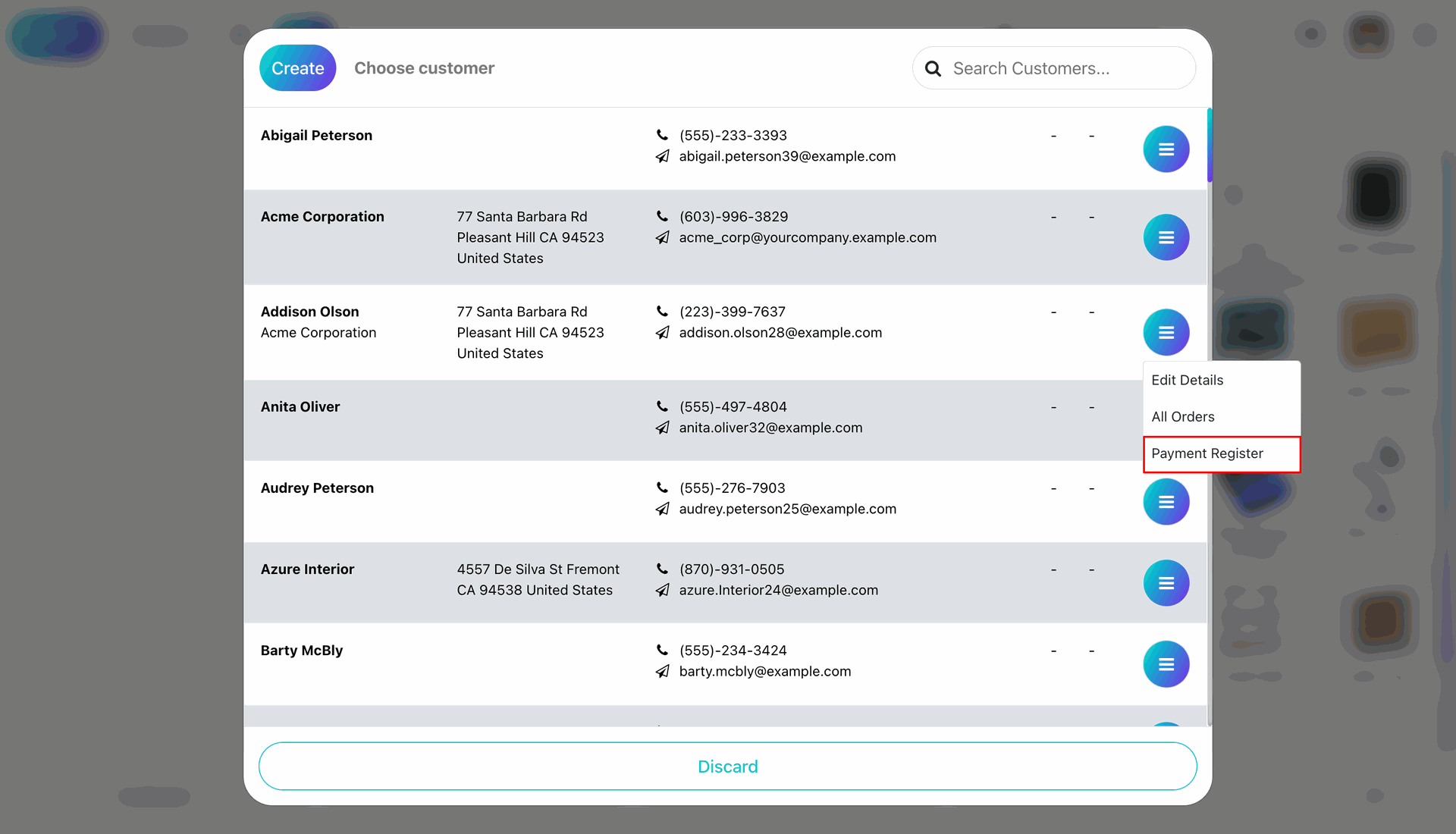 Register payment option in customer list
