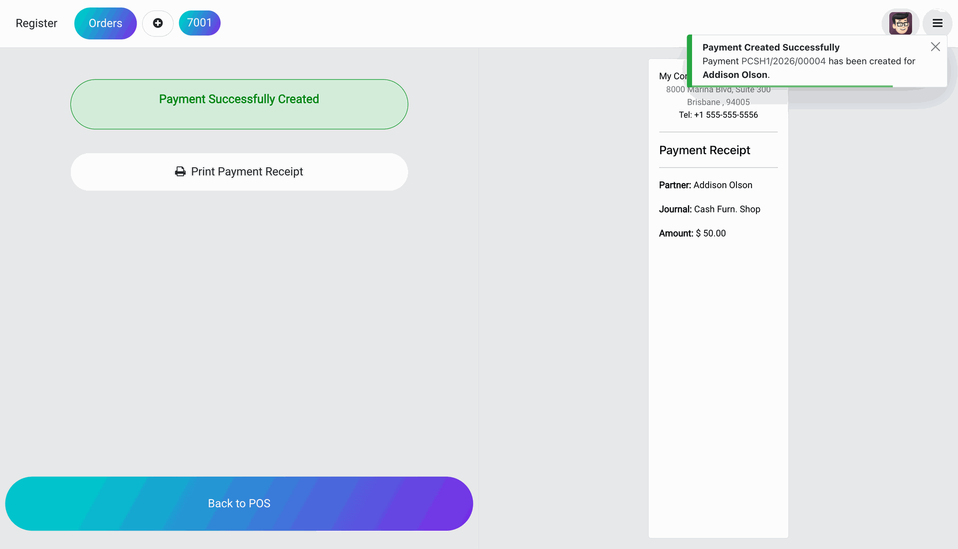 Payment created confirmation with receipt