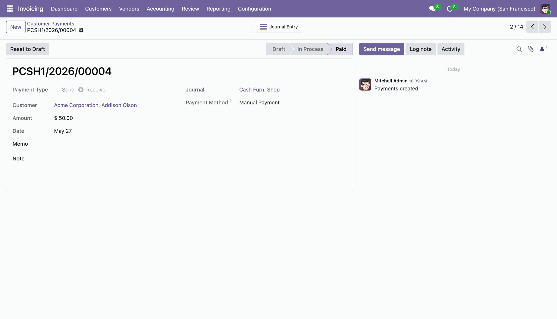 Advance payment shown as paid in backend