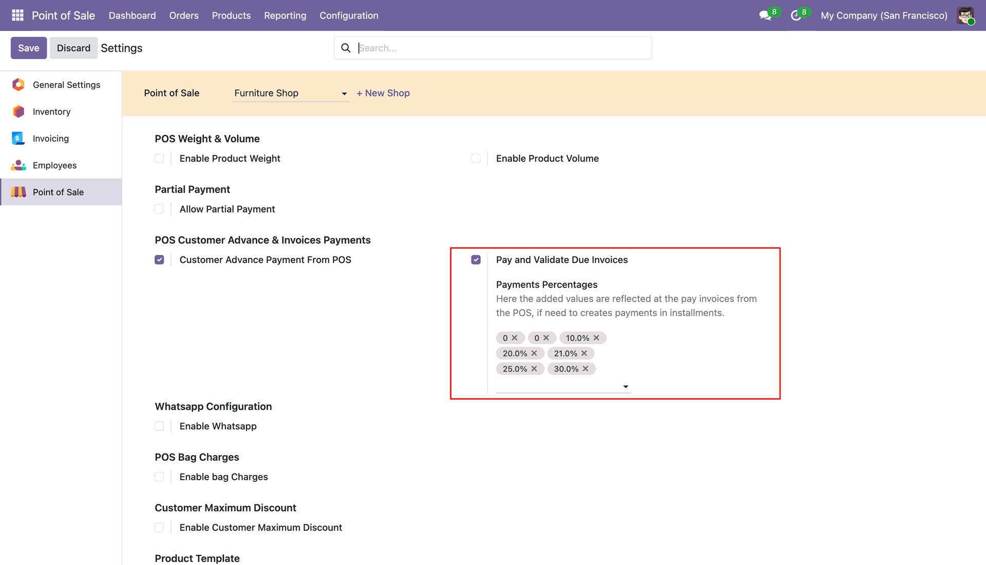 Pay and validate due invoices setting