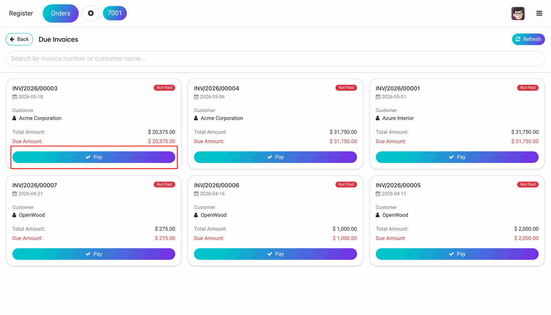 Outstanding invoices list with Pay button