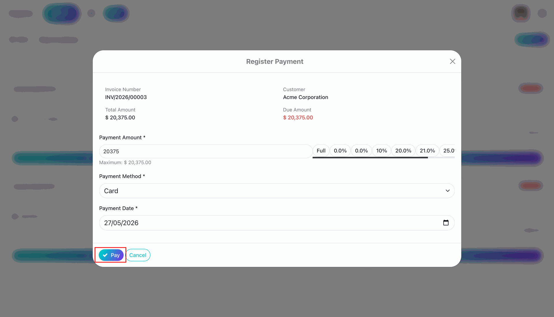 Register Payment wizard with payment percentage