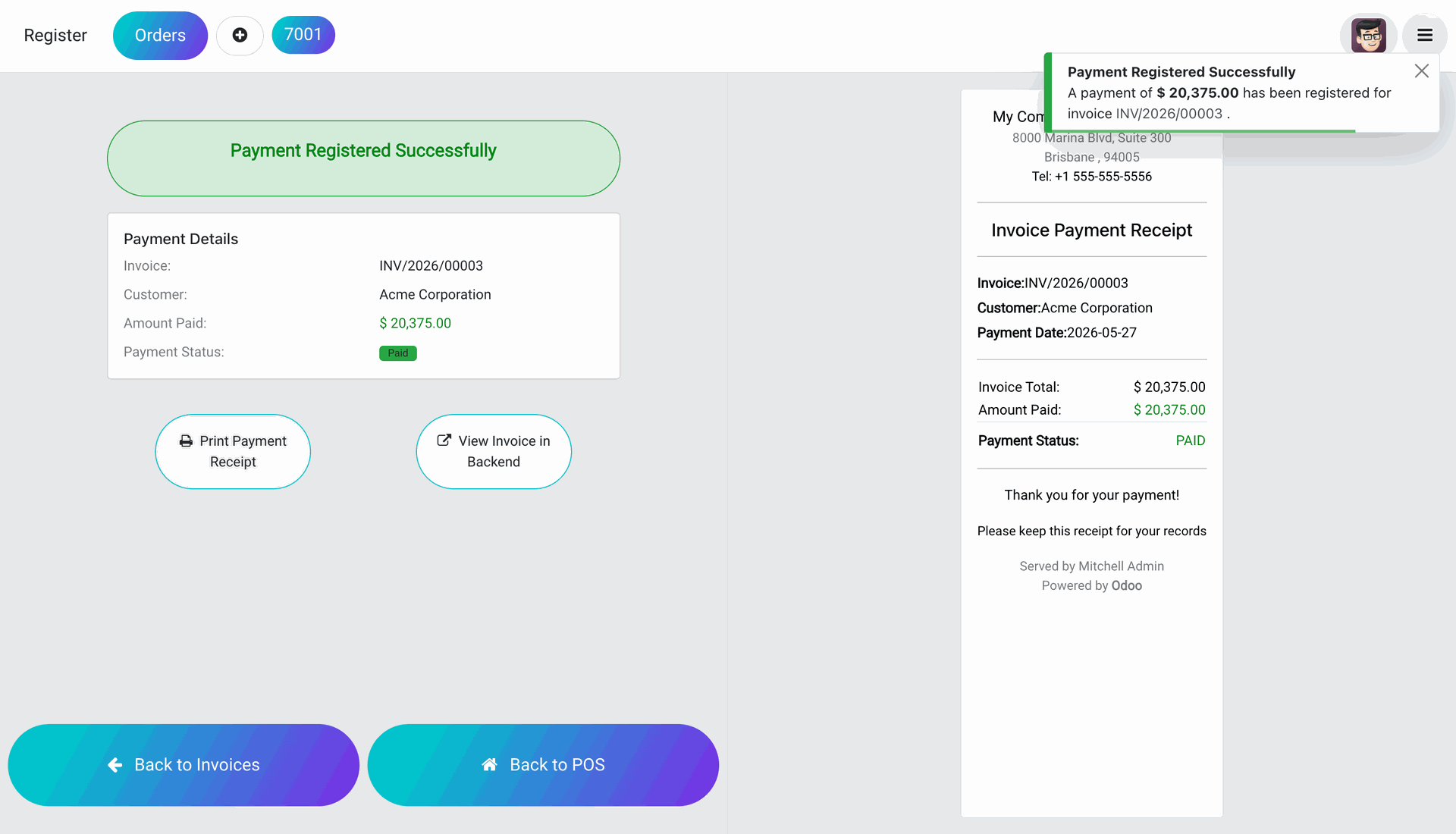 Payment registered successfully with receipt