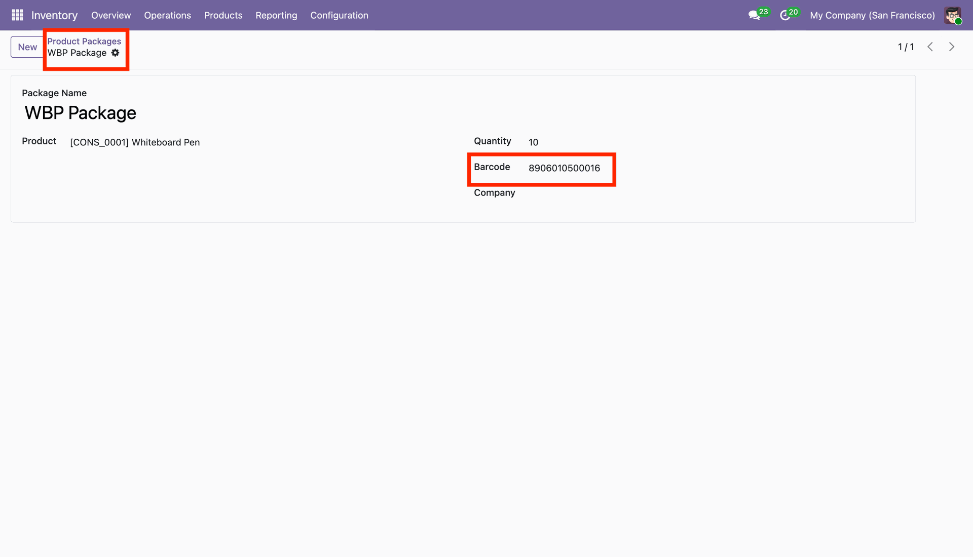 Product Packages configuration with barcode field