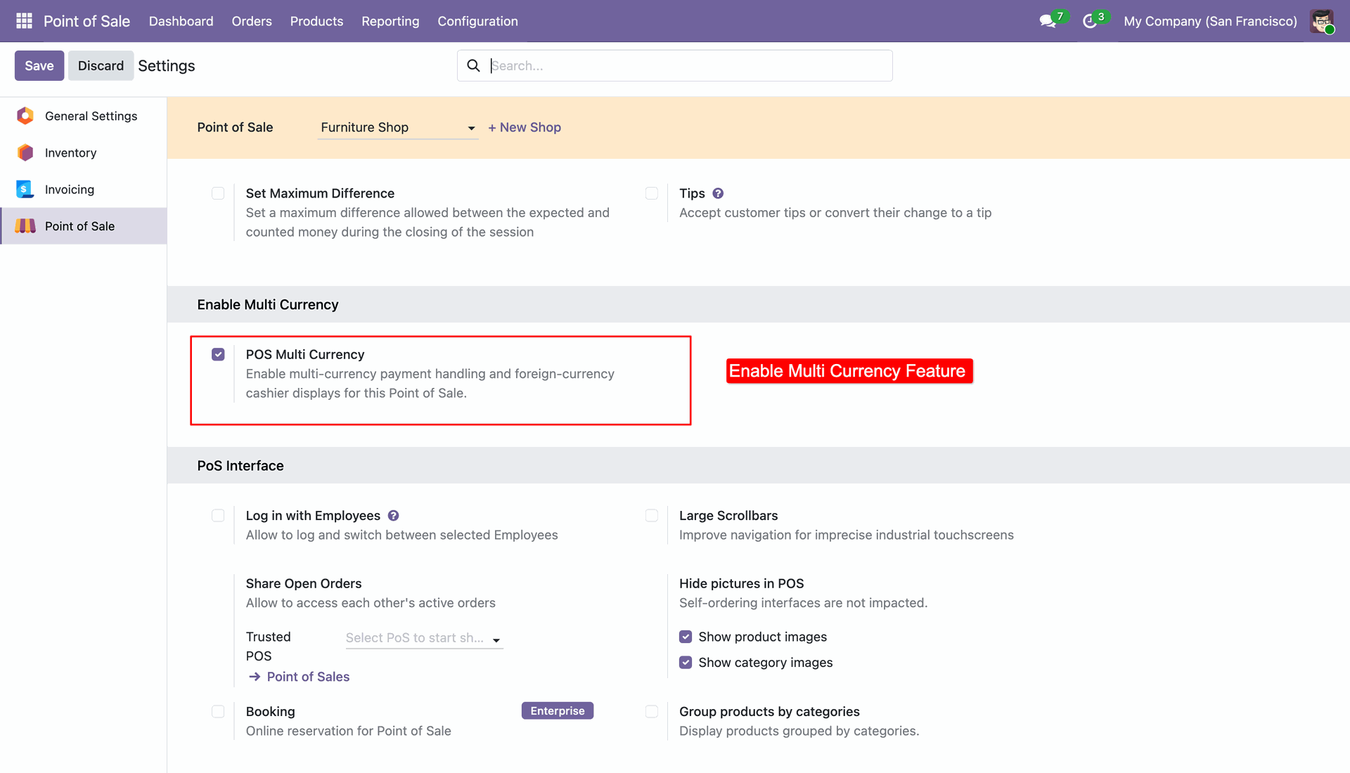 Odoo POS settings panel where the POS Multi Currency feature is enabled.