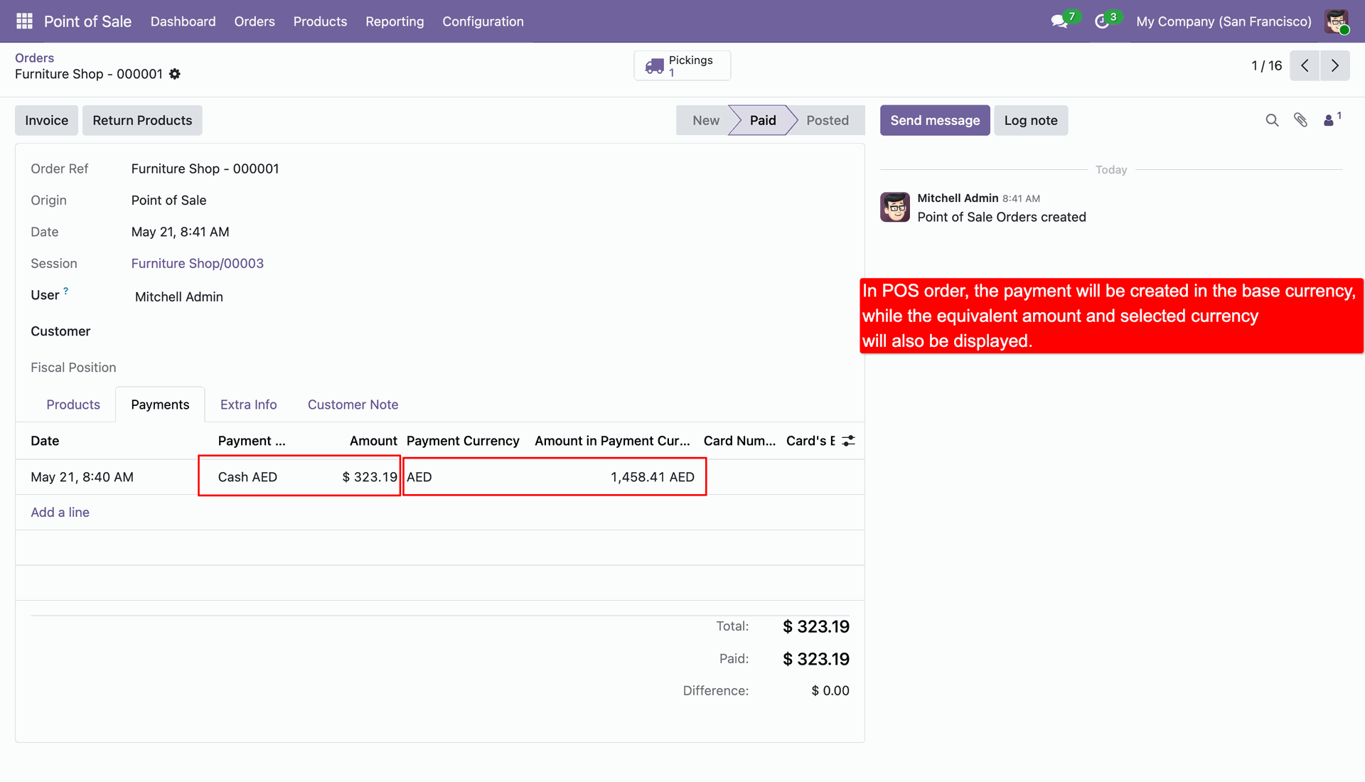 Backend POS Order form Payments tab showing the transaction in the base currency while recording the foreign currency and converted amount.