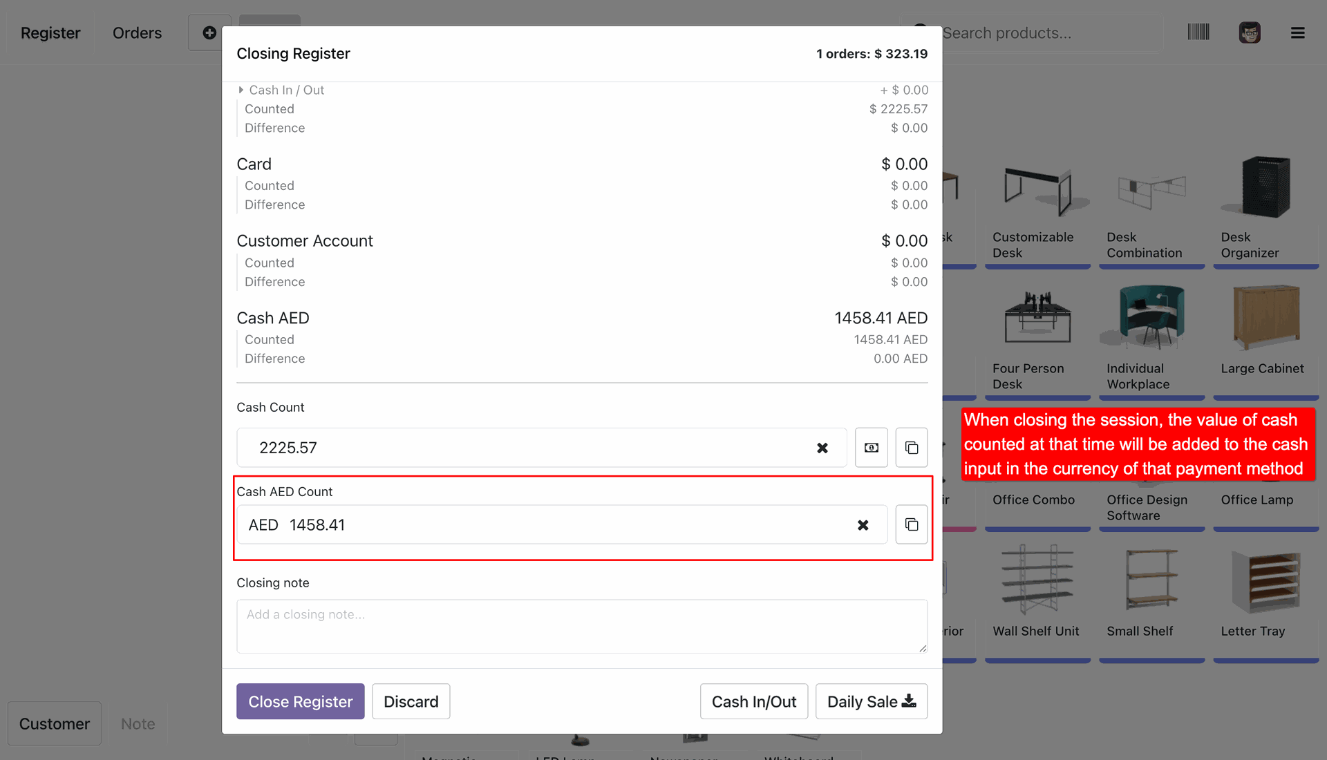 POS closing register screen tracking expected vs. counted amounts for the foreign currency payment method.