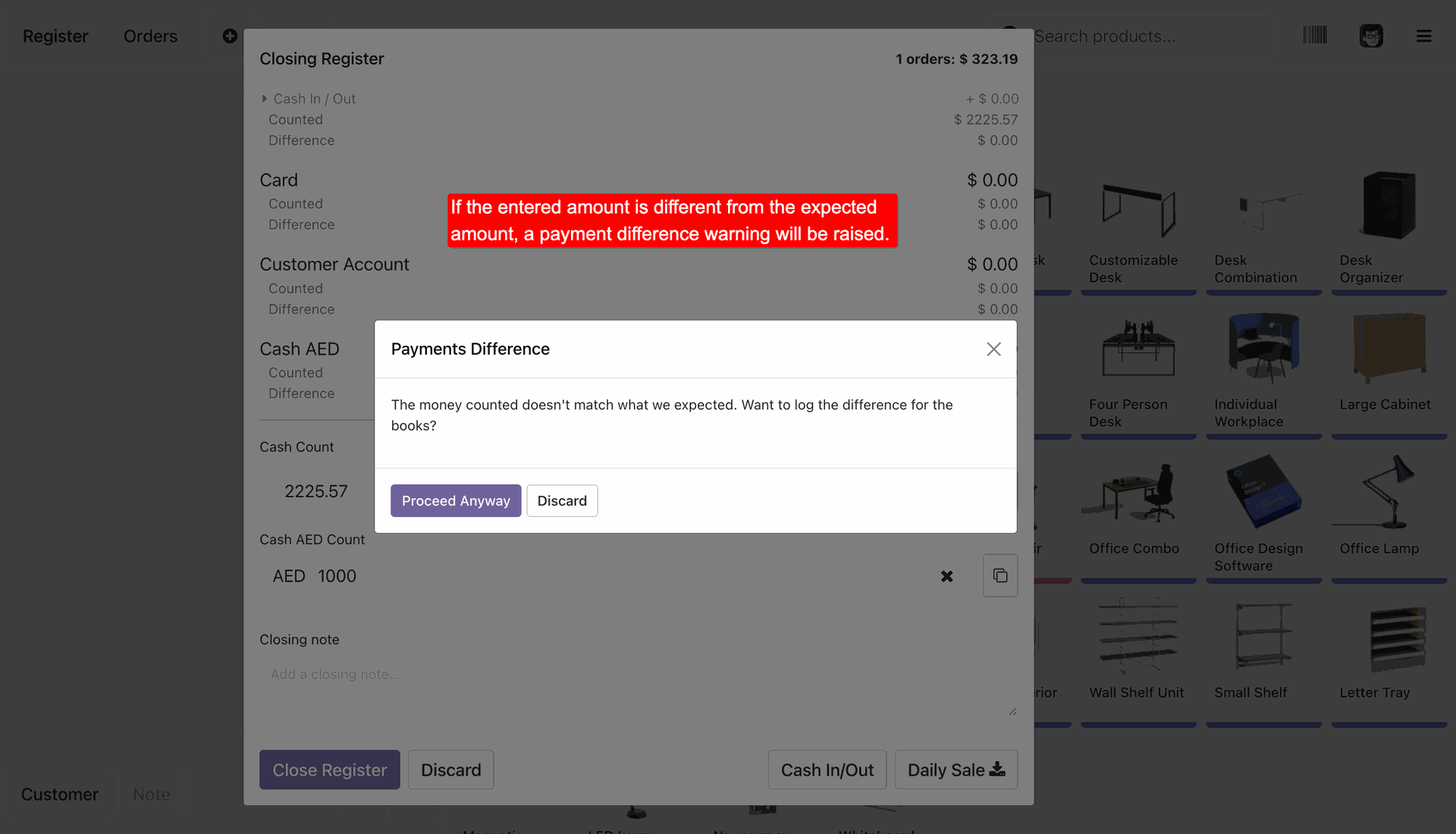 Warning dialog triggered when there is a mismatch between expected and counted cash amounts in the foreign currency.