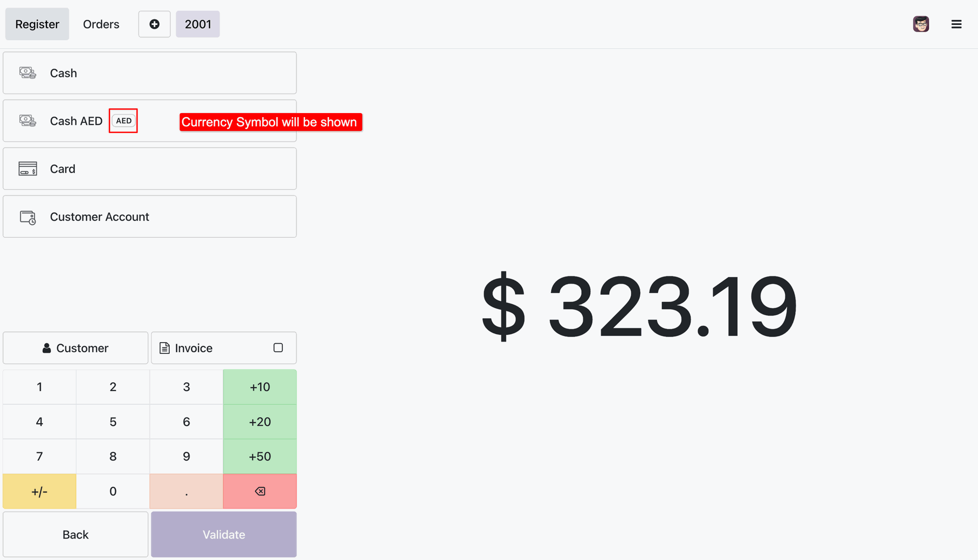 POS payment screen highlighting the foreign currency symbol next to the corresponding payment method.