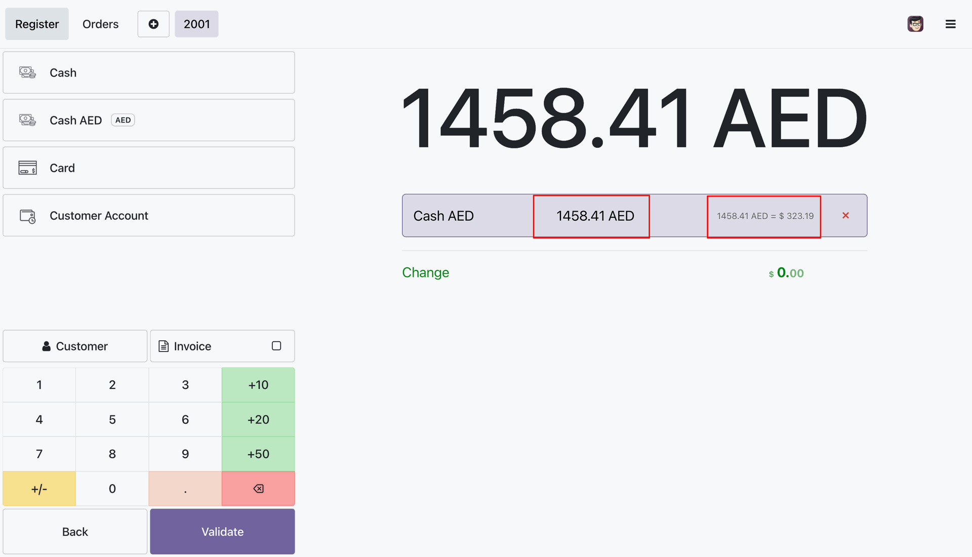 Entering payment in foreign currency with real-time conversion and equivalent base currency calculation.