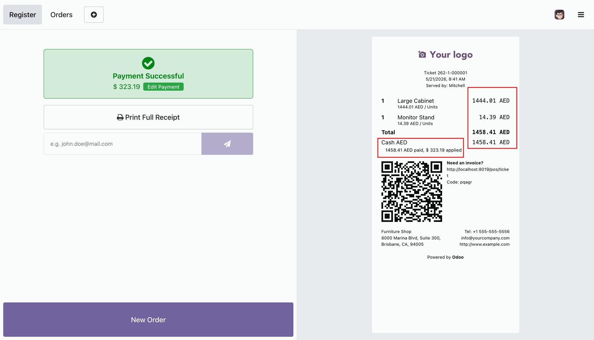 Printed POS receipt detailing transaction prices and payment amounts in both currencies.