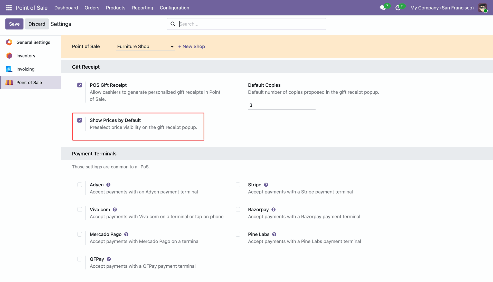 Odoo Point of Sale settings menu with the Show Prices by Default configuration checkbox checked to enable prices on gift receipts by default.