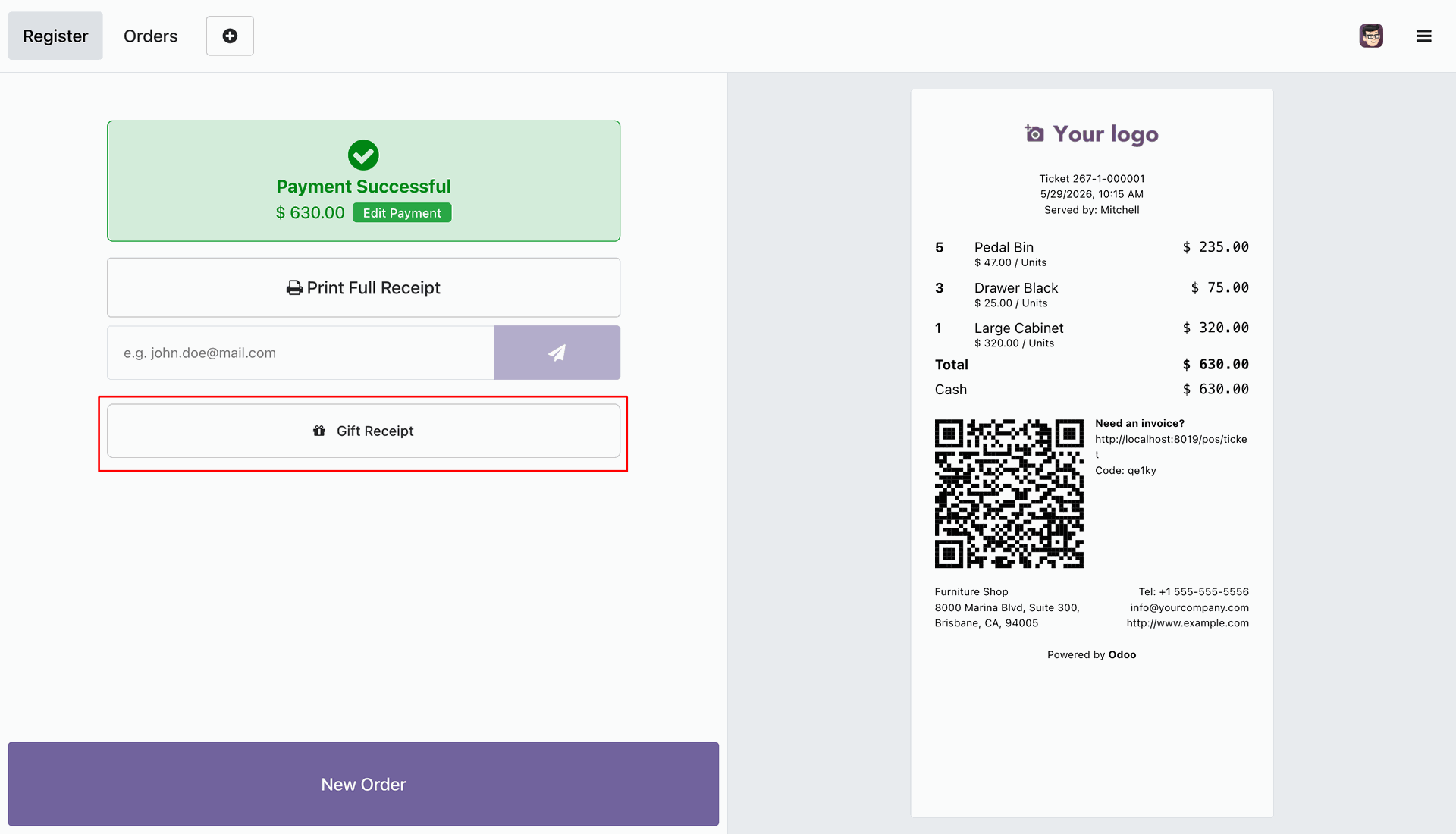 Odoo POS payment success screen displaying the Gift Receipt button highlighted alongside the standard printed receipt preview.