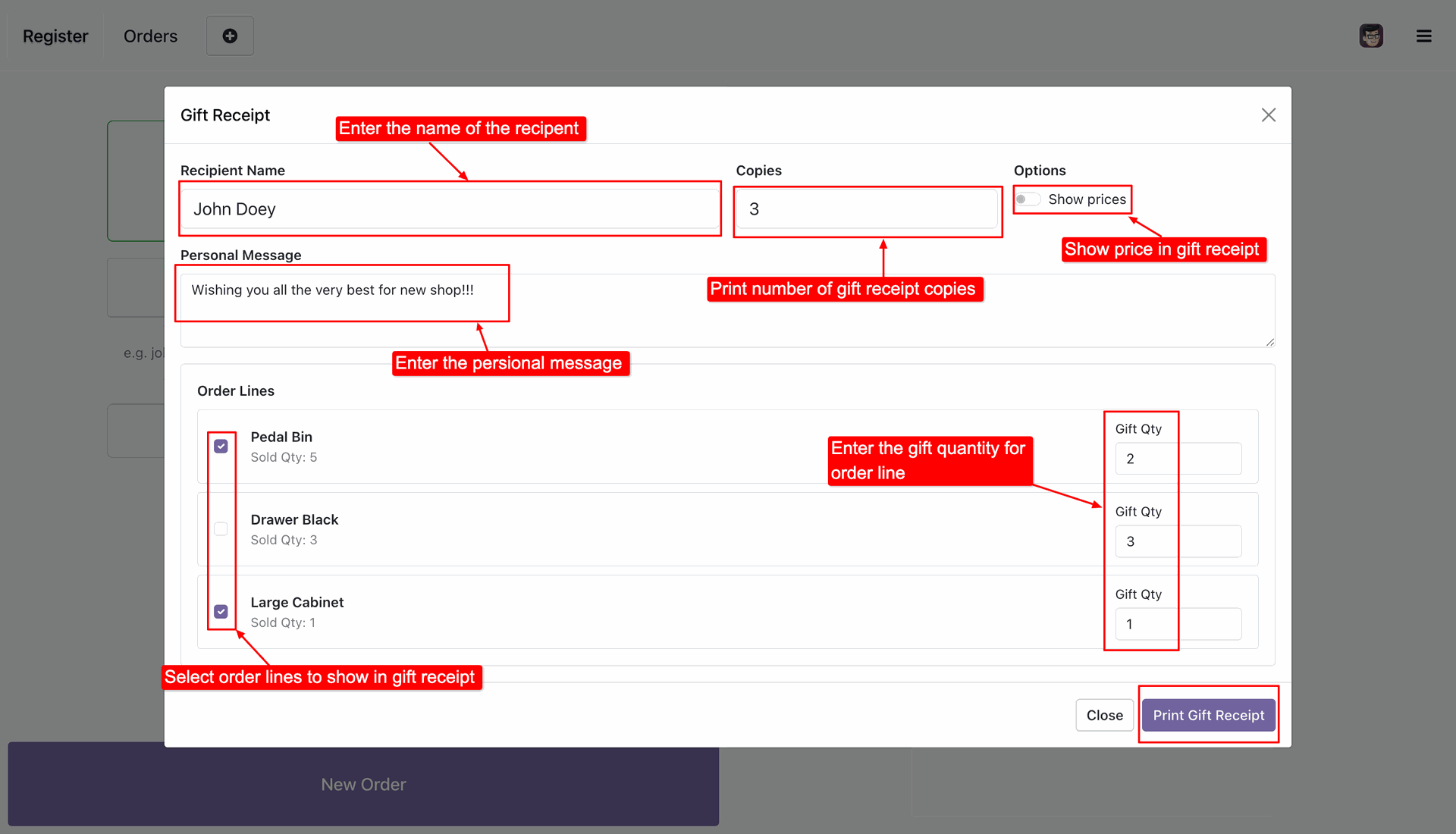 Odoo POS Gift Receipt popup customization modal displaying options for recipient name, copies count, show prices toggle, personal message, and line-item quantity selections.