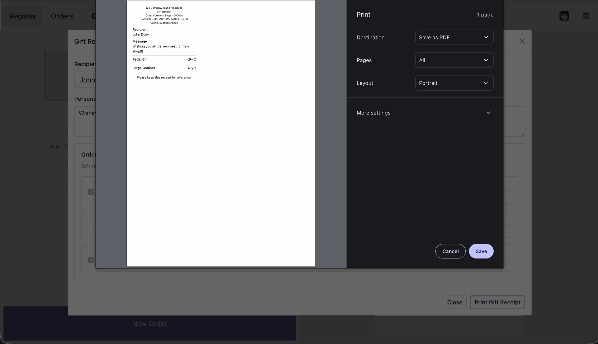 Browser print preview page displaying the generated customized Odoo POS Gift Receipt with custom recipient name, personal message, and items without prices.