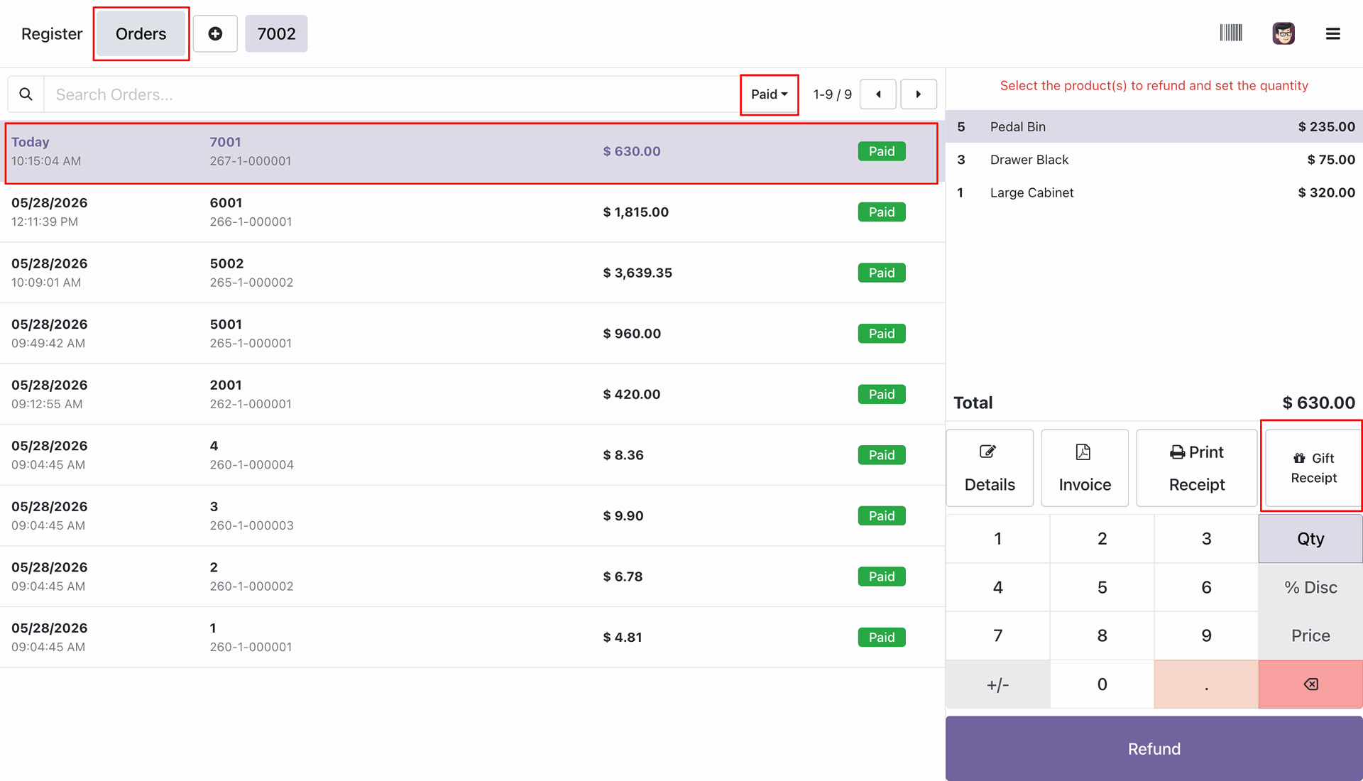 Odoo POS order history screen highlighting a past paid order details with a Gift Receipt button available in the action panel for retroactive printing.
