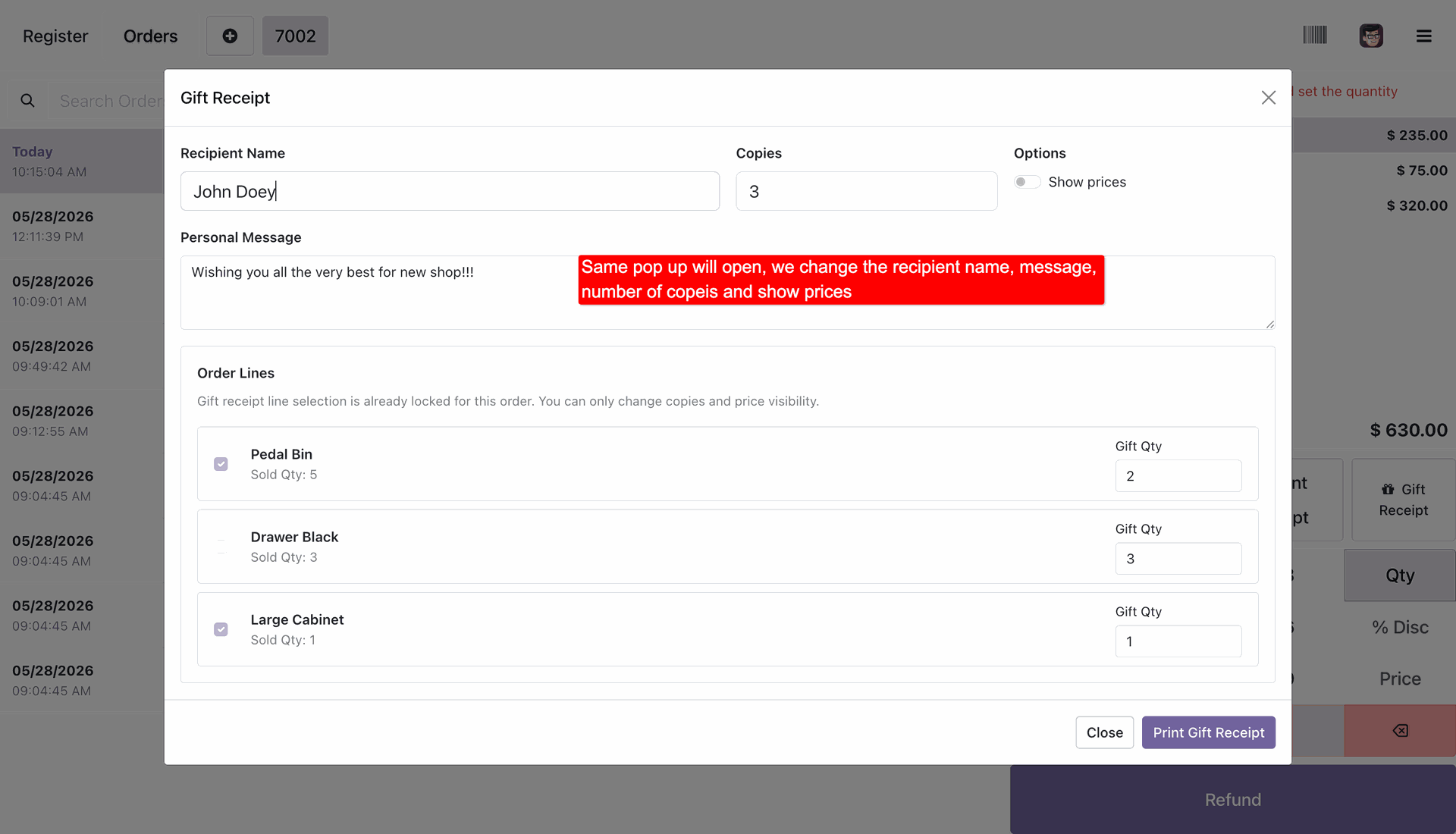 Odoo POS Gift Receipt customization modal opened retroactively from order history showing locked order line quantities but editable customer name, copies, and message options.